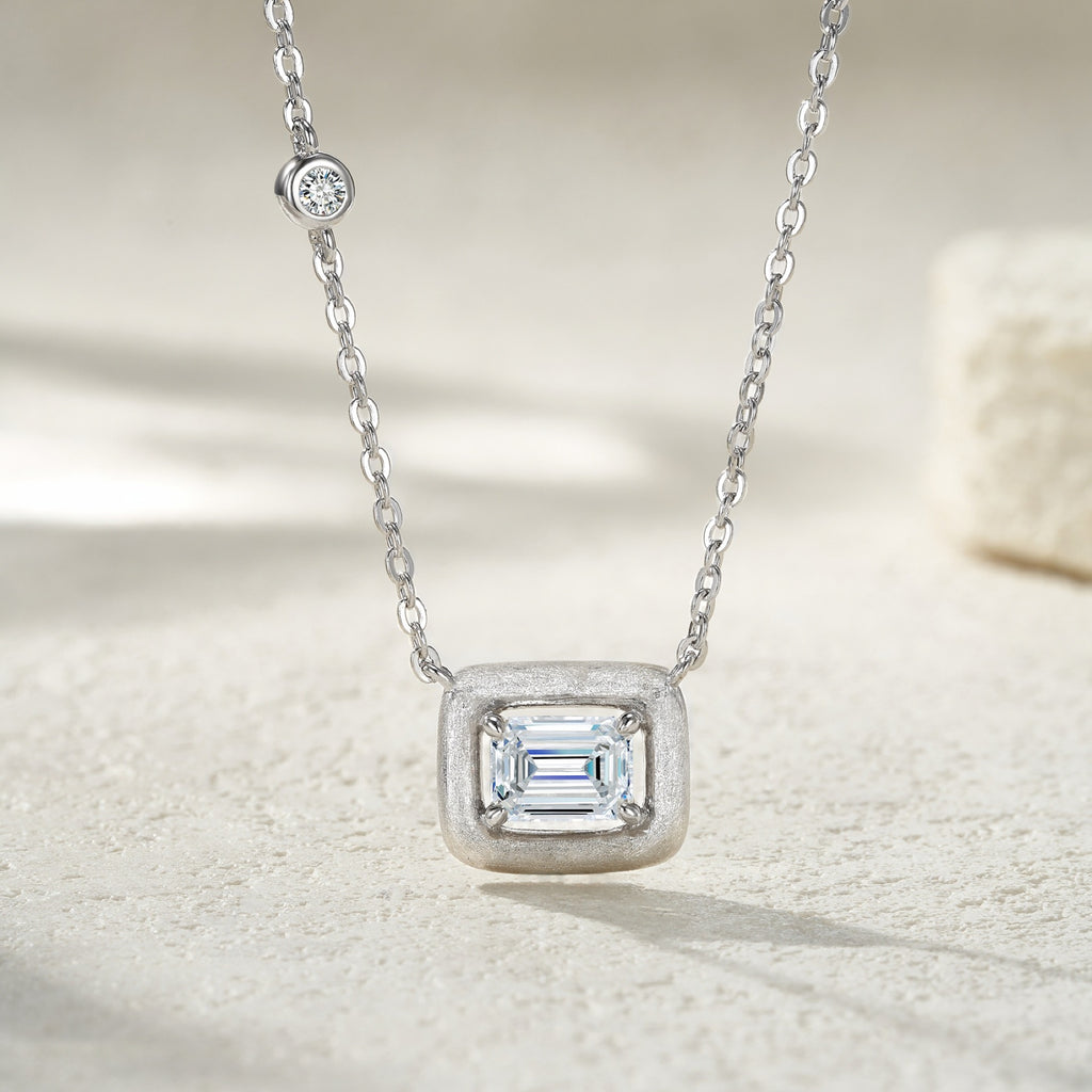 Slate Moissanite Emerald-Cut Bezel Necklace in Sterling Silver