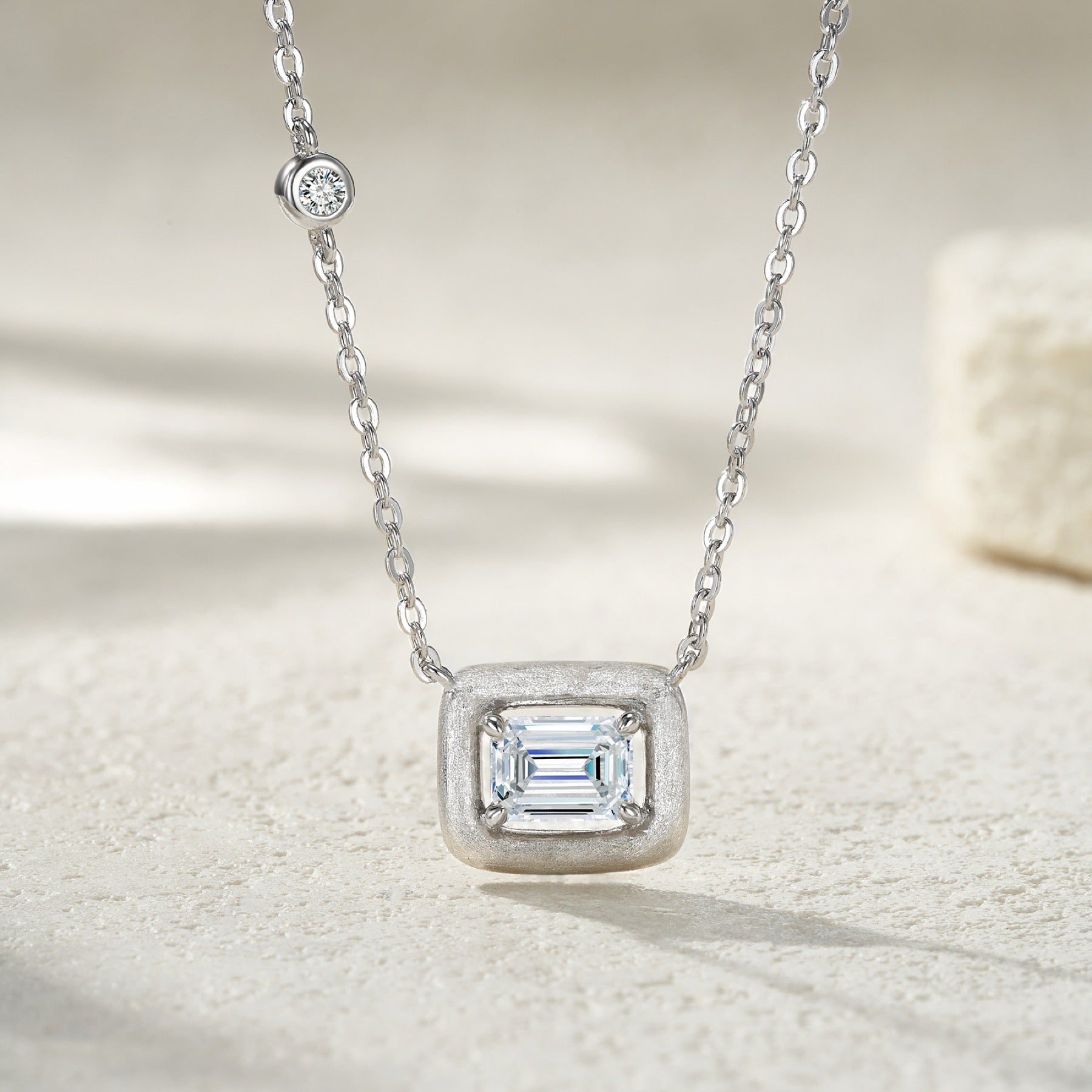 Slate Moissanite Emerald-Cut Bezel Necklace in Sterling Silver