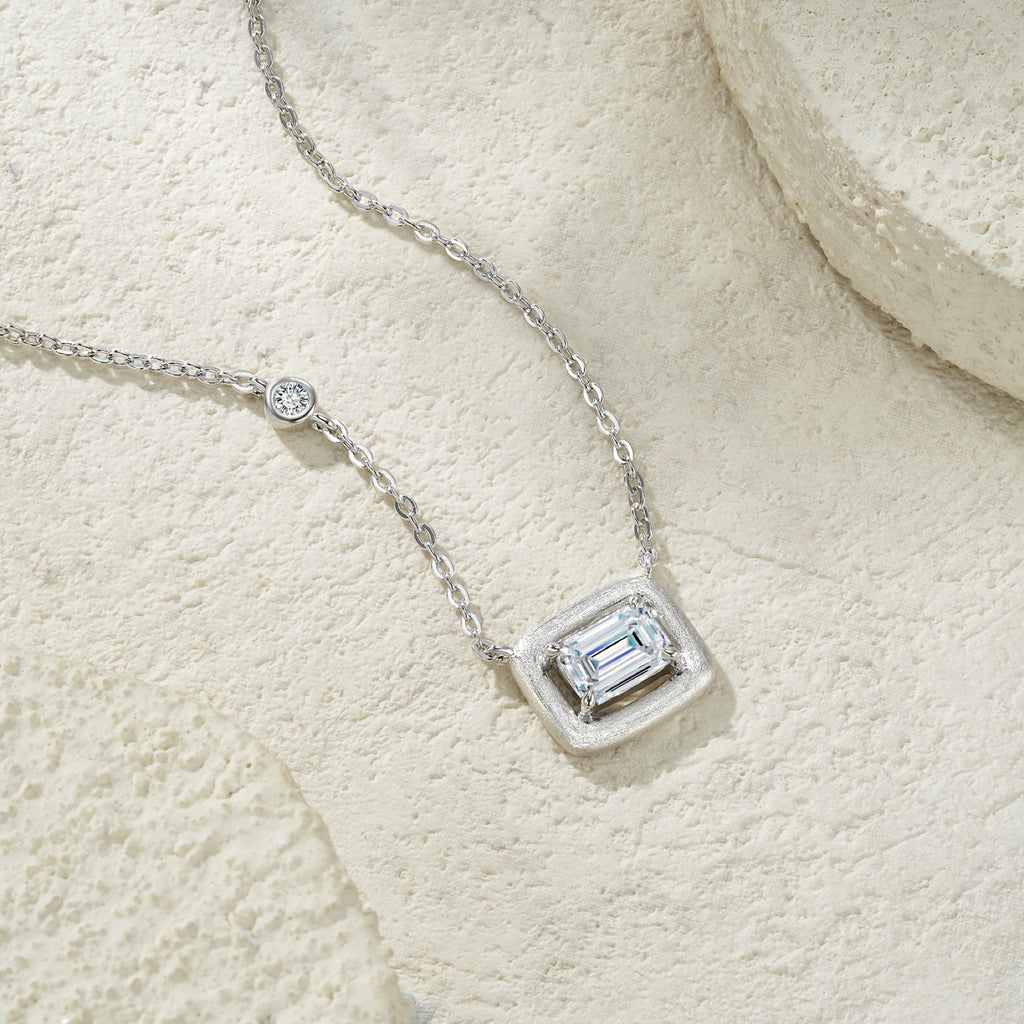 Slate Moissanite Emerald-Cut Bezel Necklace in Sterling Silver