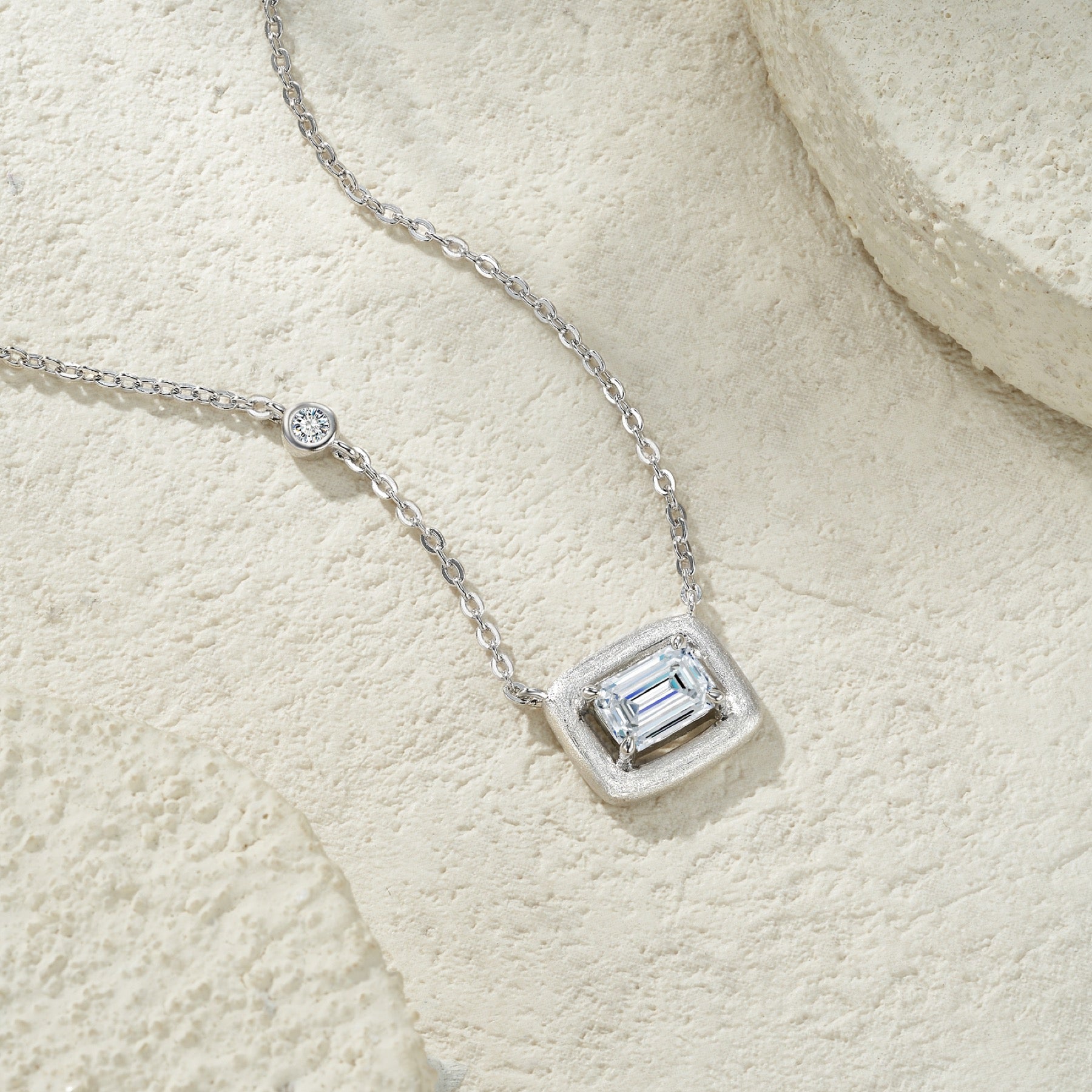 Slate Moissanite Emerald-Cut Bezel Necklace in Sterling Silver