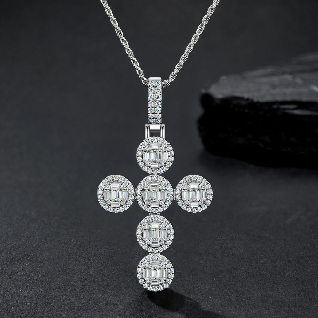 Rosette Moissanite Cross Necklace in Sterling Silver
