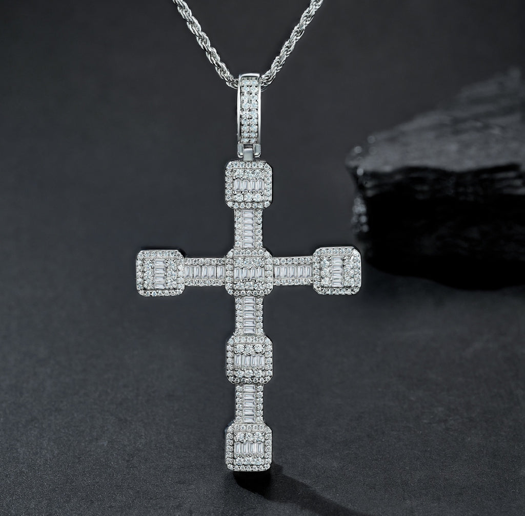 Pillar Moissanite Cross Necklace in Sterling Silver