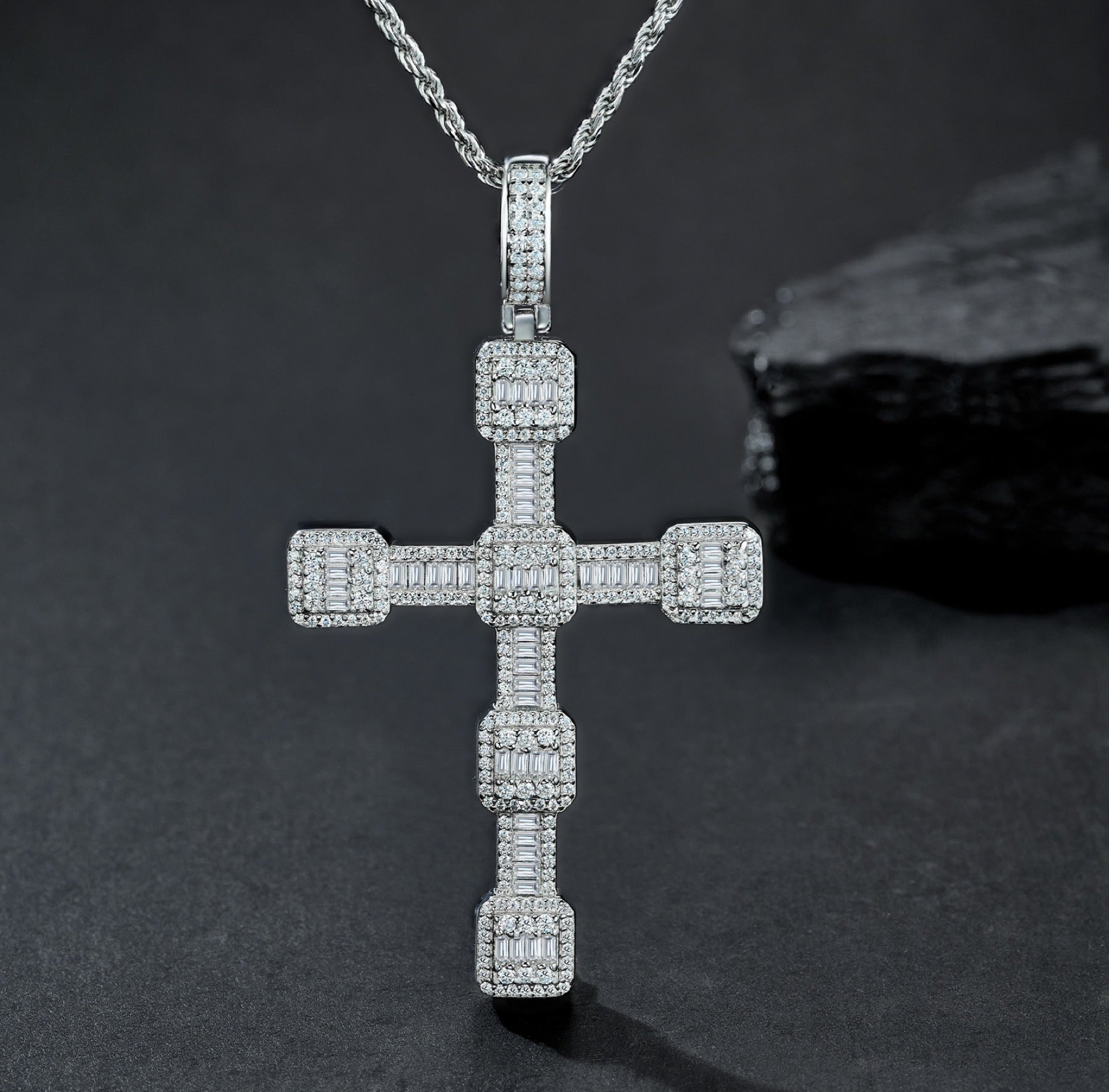 Pillar Moissanite Cross Necklace in Sterling Silver