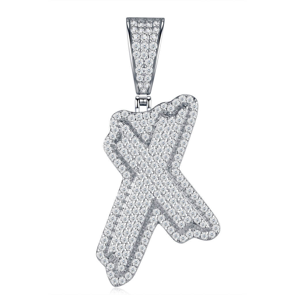 Initial X Moissanite Iced Bubble Pendant Necklace in Sterling Silver