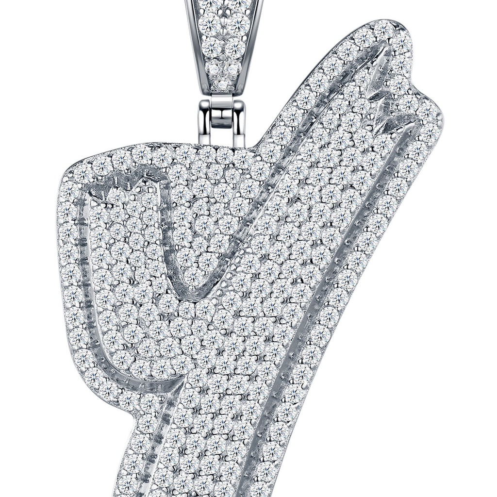 Initial Y Moissanite Iced Cursive Letter Pendant Necklace in Sterling Silver — detail