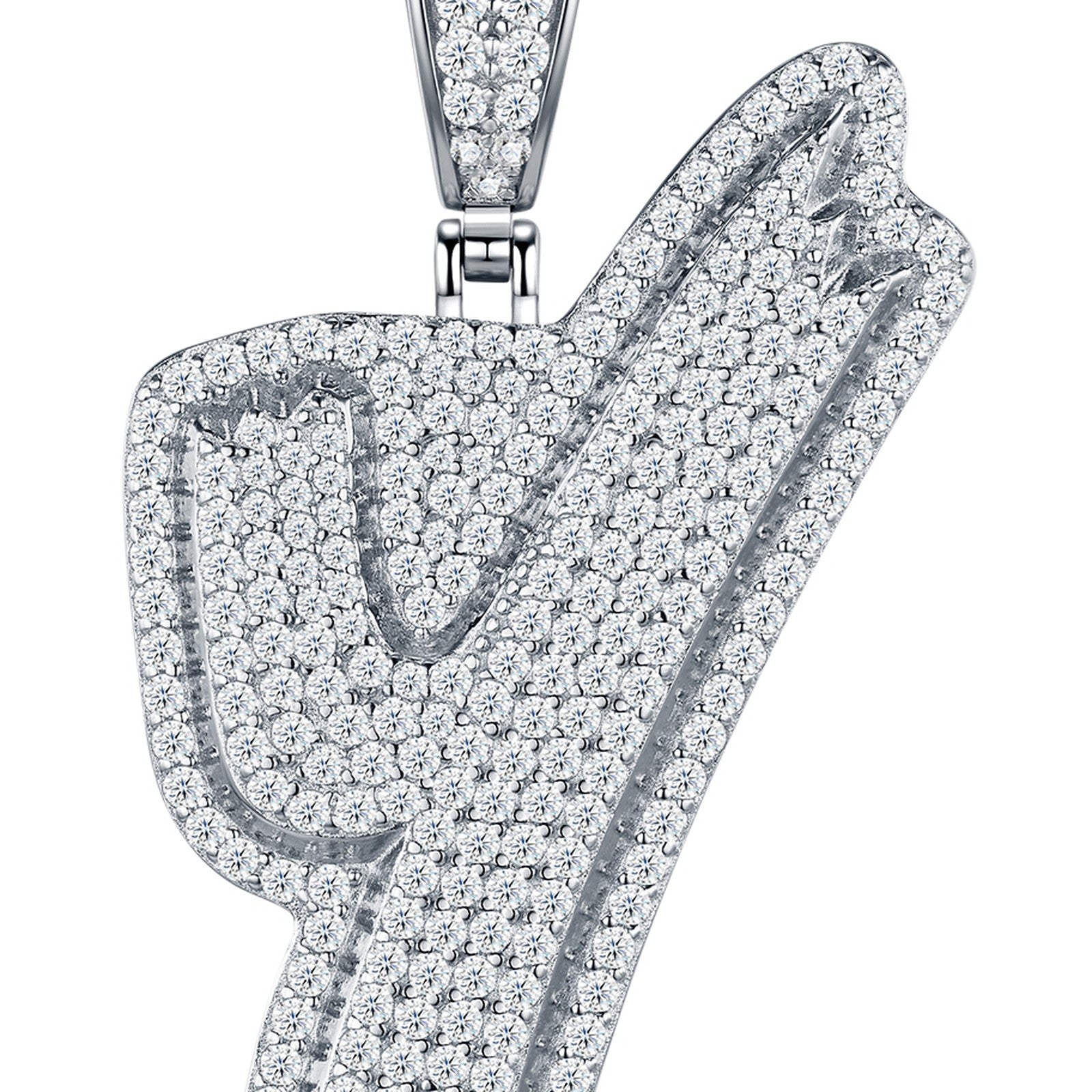Initial Y Moissanite Iced Cursive Letter Pendant Necklace in Sterling Silver — detail