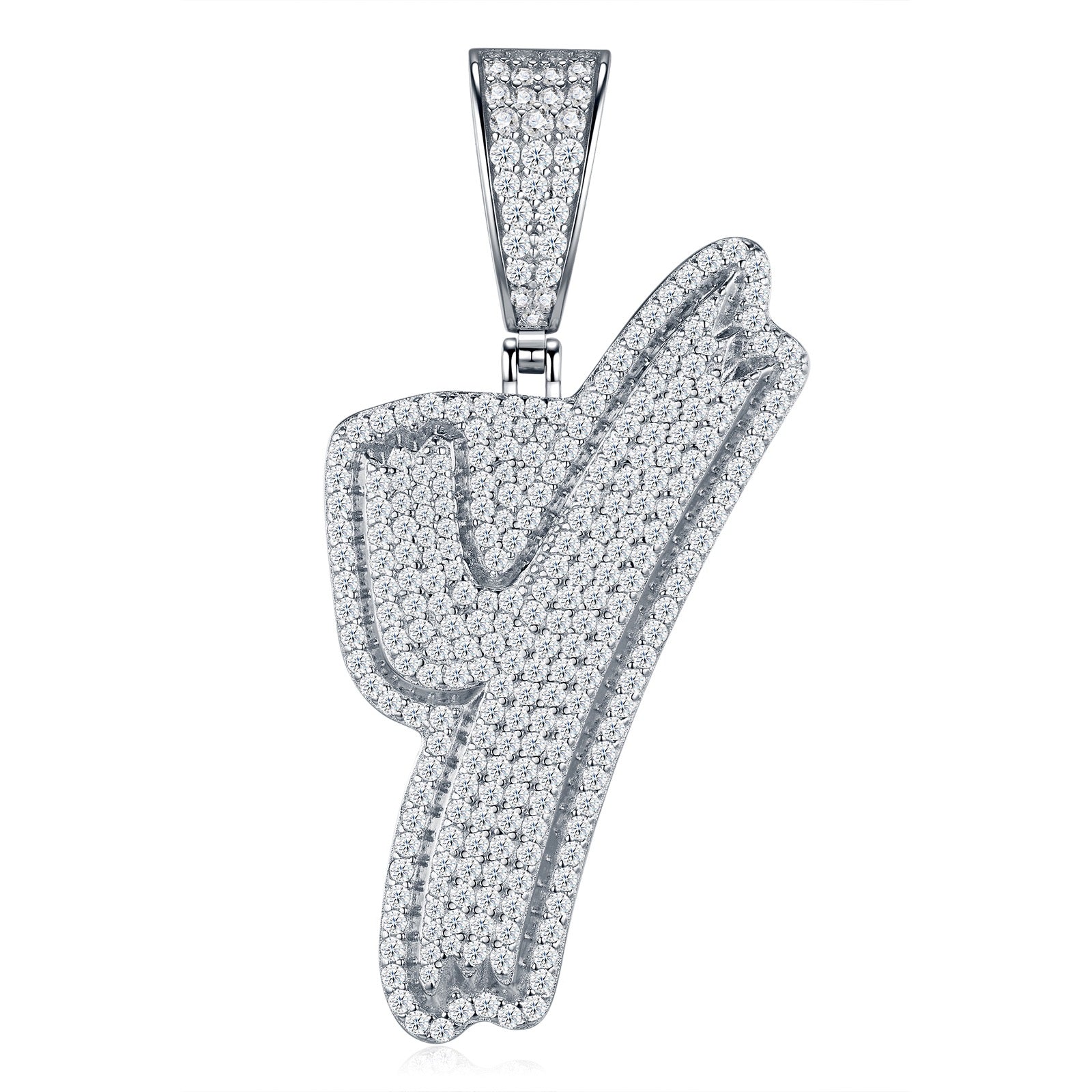 Initial Y Moissanite Iced Cursive Letter Pendant Necklace in Sterling Silver