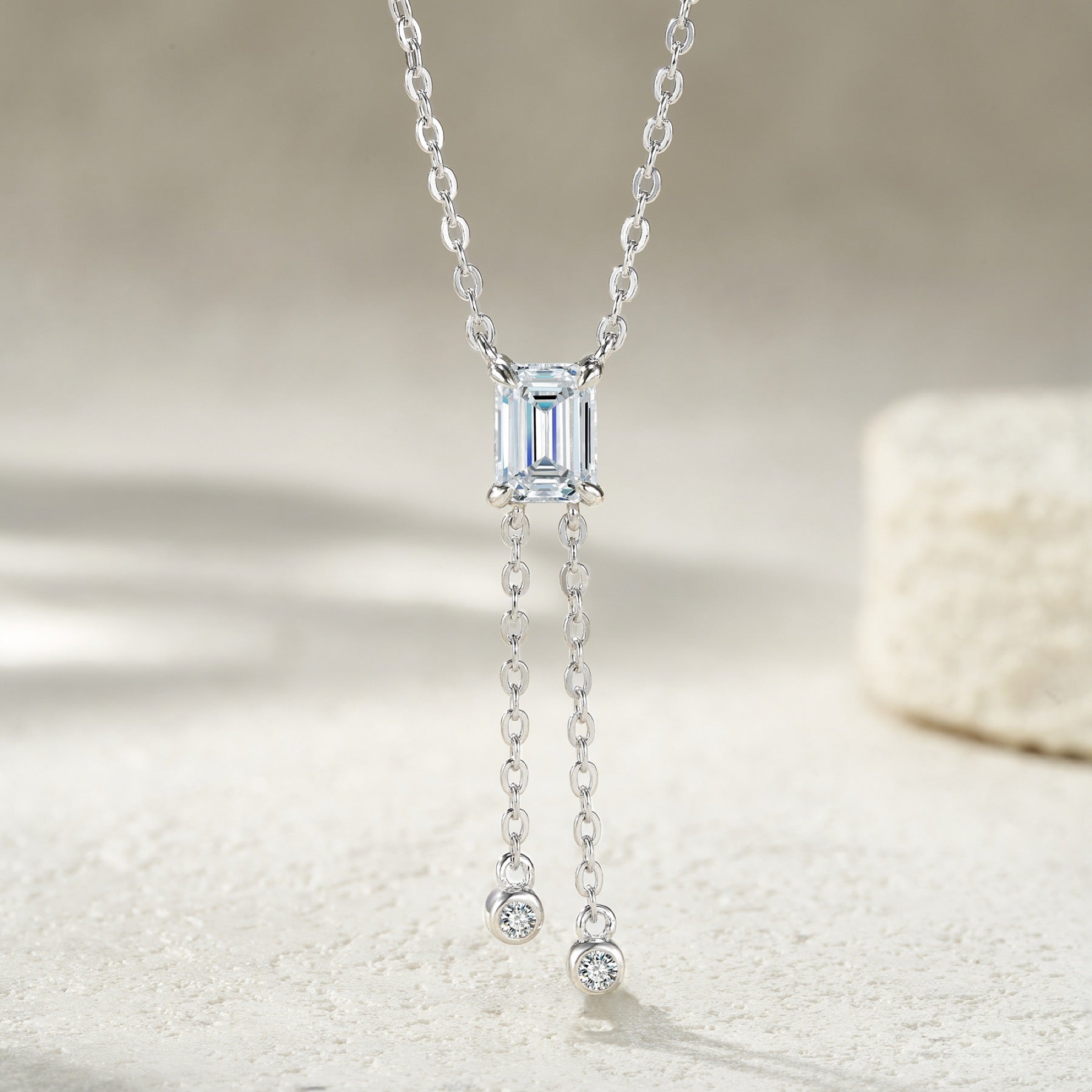 Column Moissanite Emerald-Cut Drop Necklace in Sterling Silver