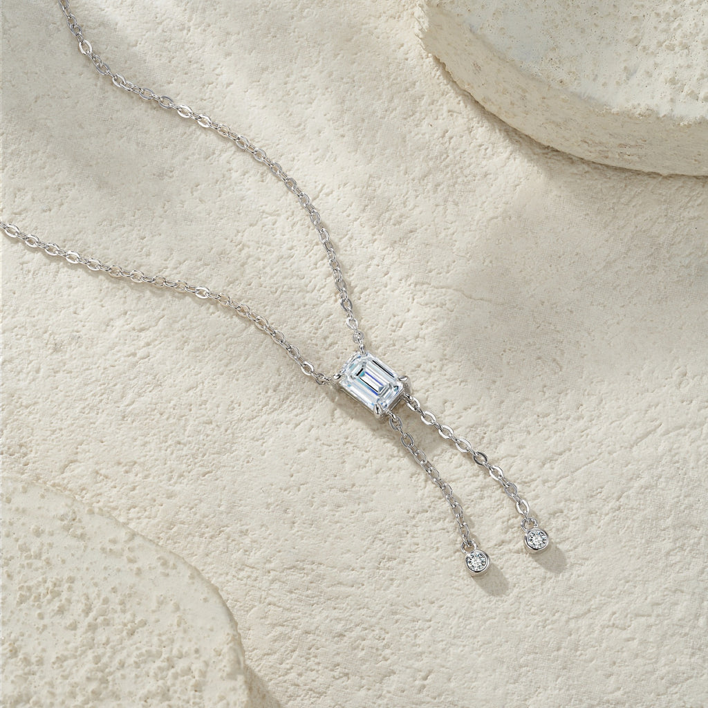 Column Moissanite Emerald-Cut Drop Necklace in Sterling Silver