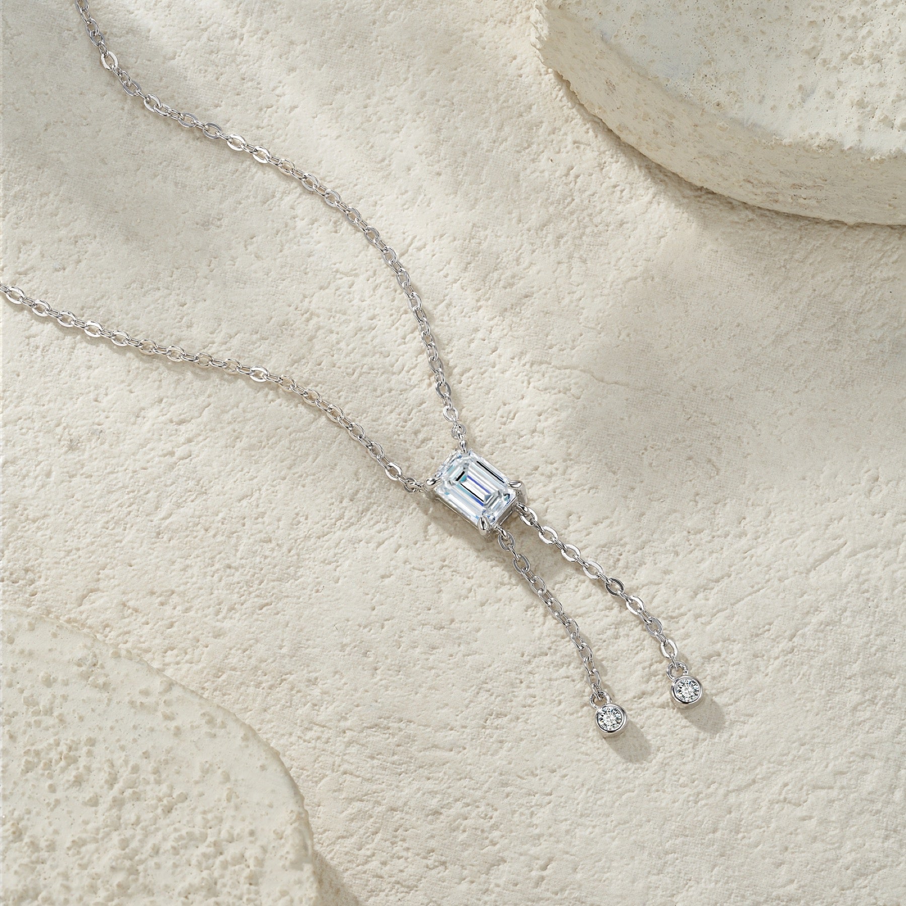 Column Moissanite Emerald-Cut Drop Necklace in Sterling Silver
