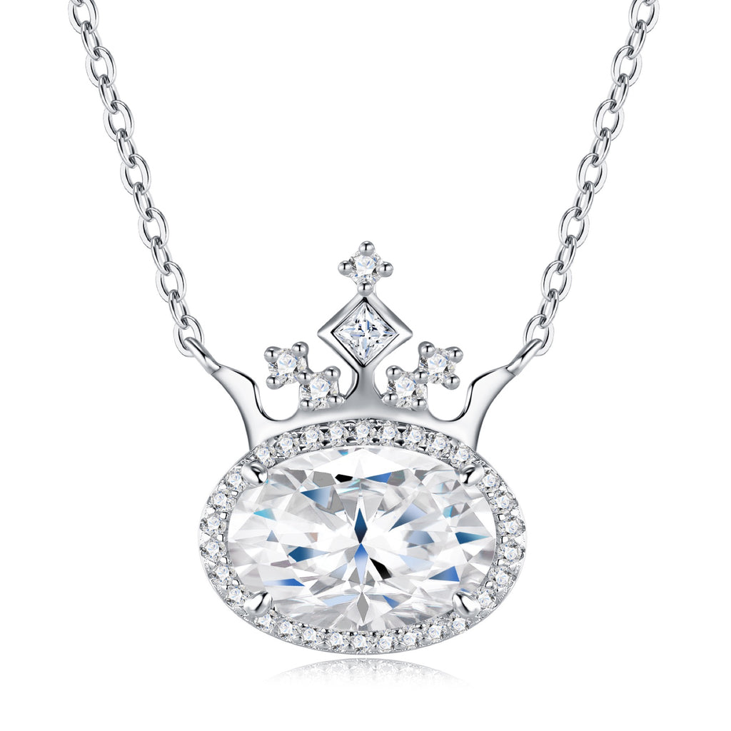 Regina Moissanite Crowned Oval Halo Necklace in Sterling Silver