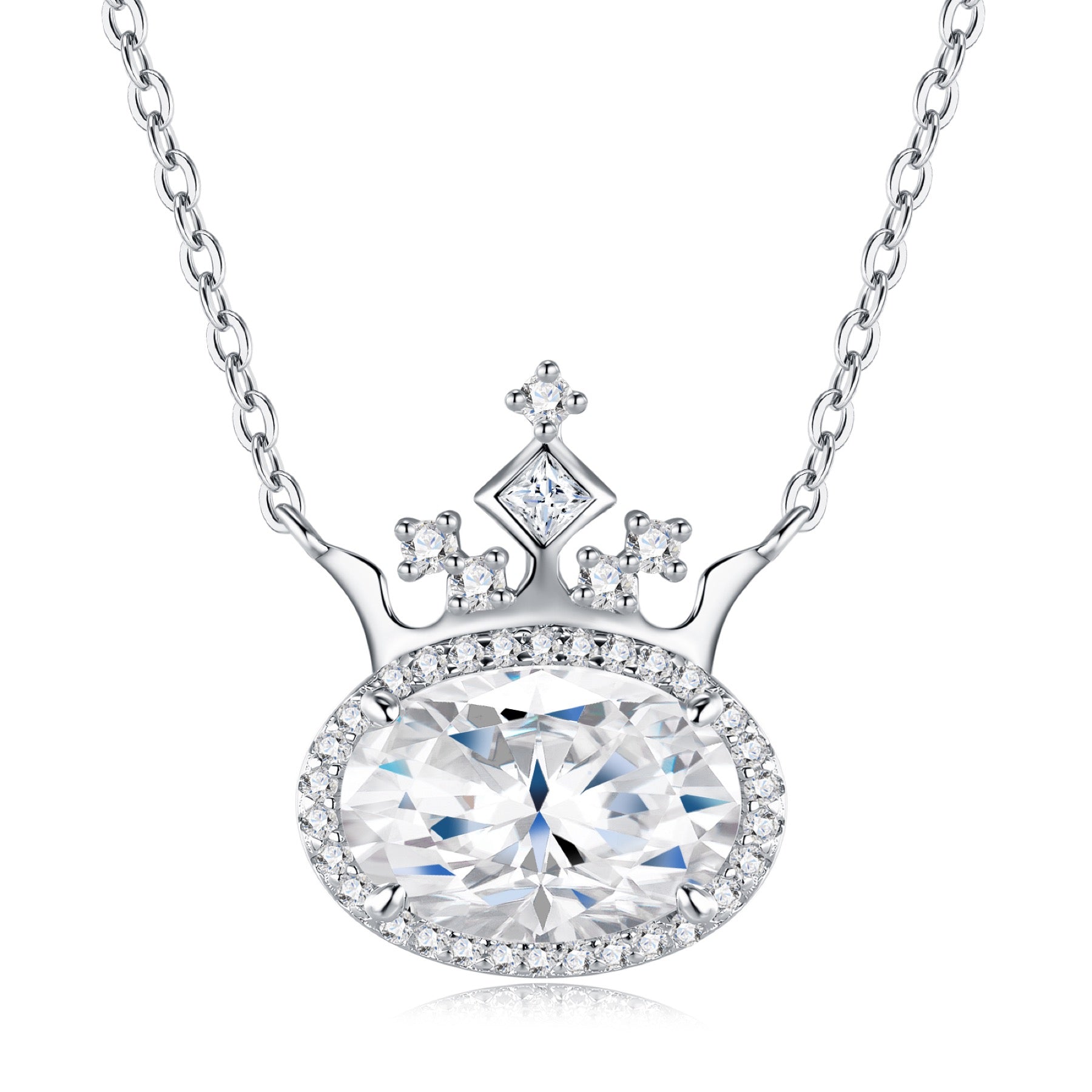 Regina Moissanite Crowned Oval Halo Necklace in Sterling Silver