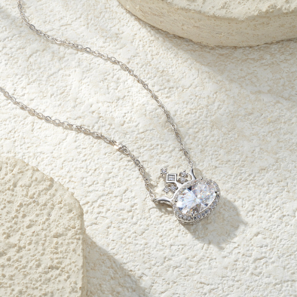 Regina Moissanite Crowned Oval Halo Necklace in Sterling Silver