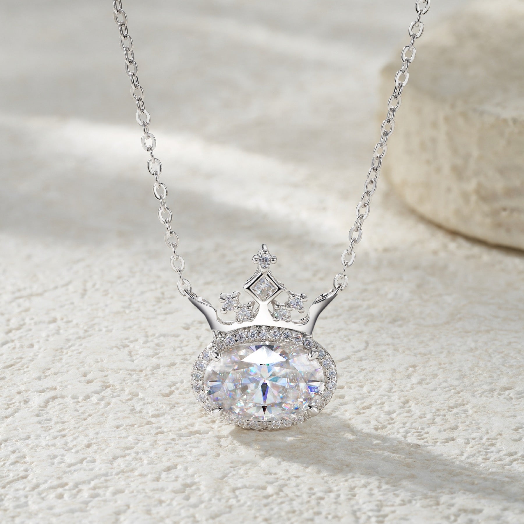 Regina Moissanite Crowned Oval Halo Necklace in Sterling Silver