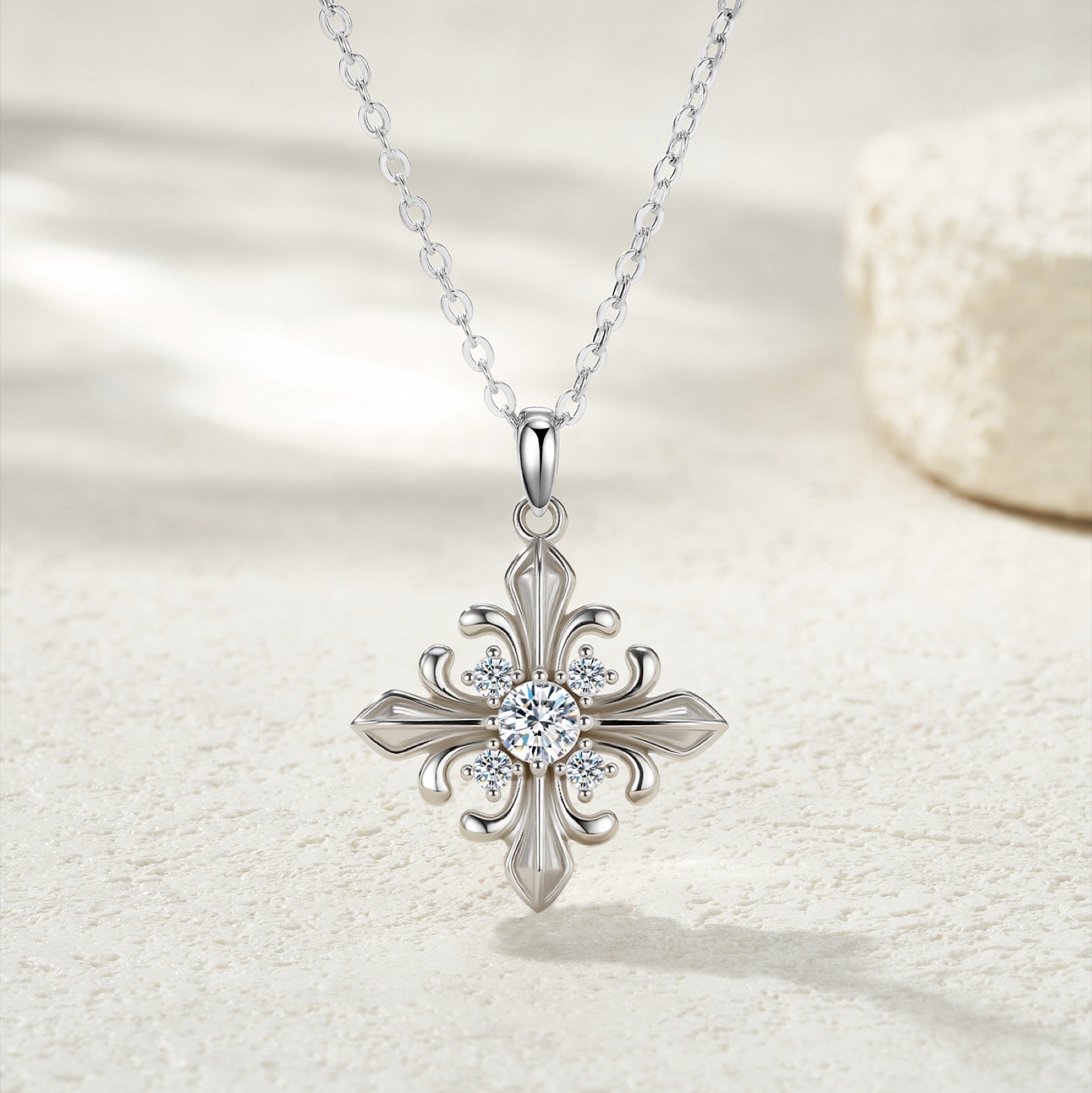 Basilica Moissanite Cross Necklace in Sterling Silver