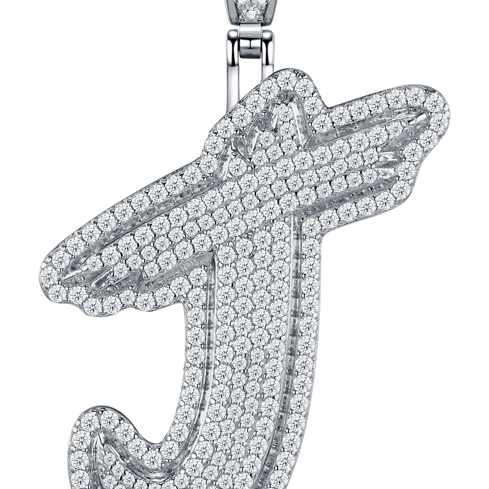 Initial J Moissanite Iced Bubble Pendant Necklace in Sterling Silver — detail