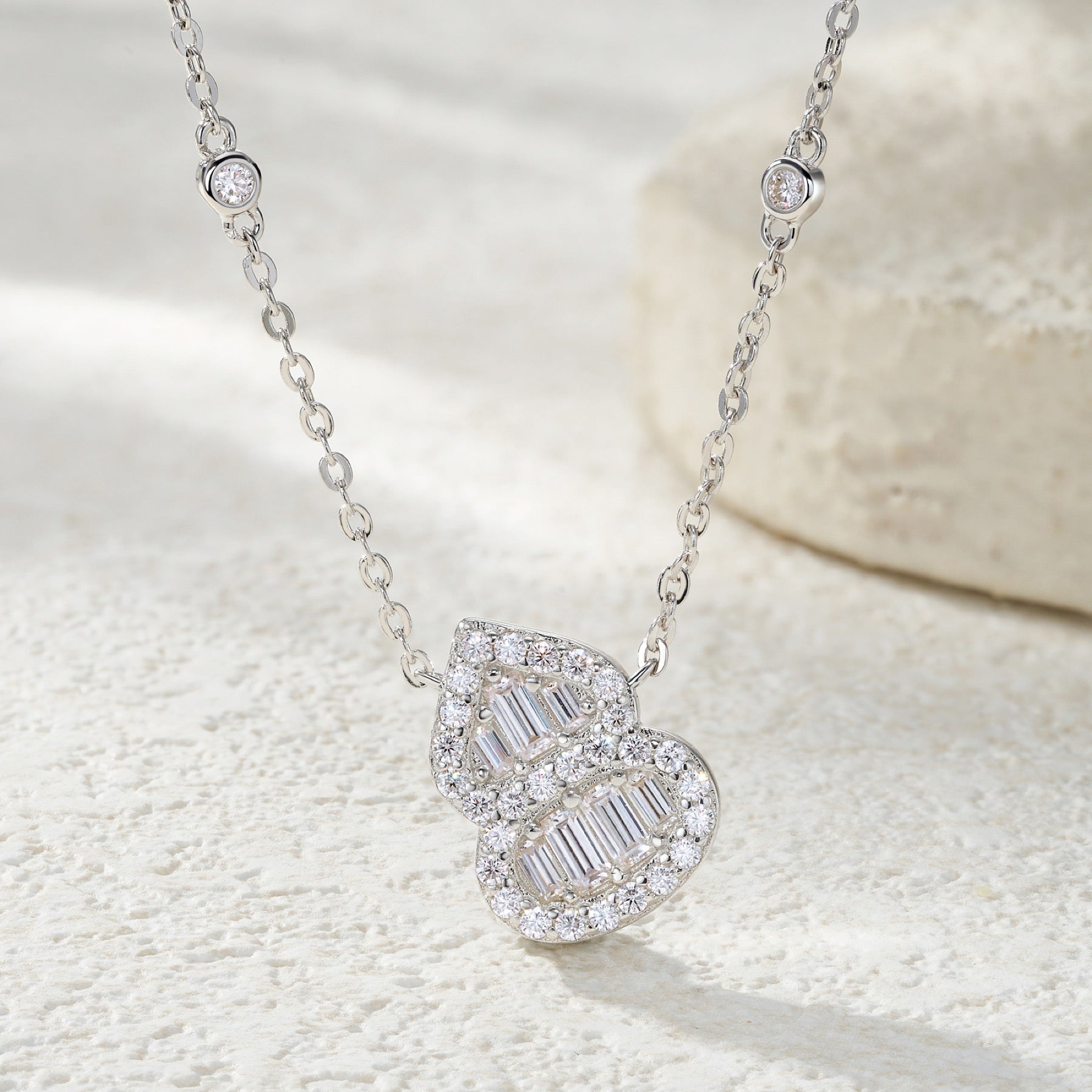 Coeur Moissanite Baguette Heart Necklace in Sterling Silver