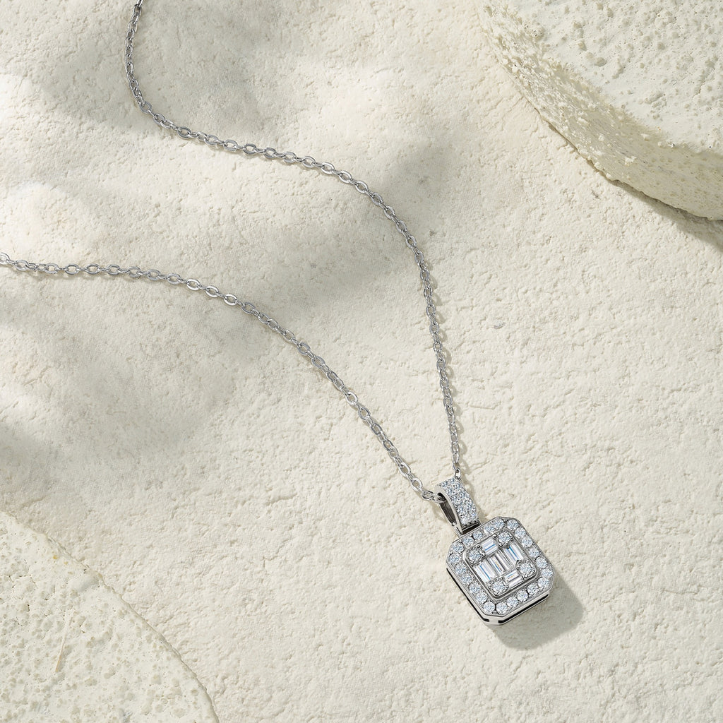 Ingot Moissanite Baguette Cluster Pendant Necklace in Sterling Silver