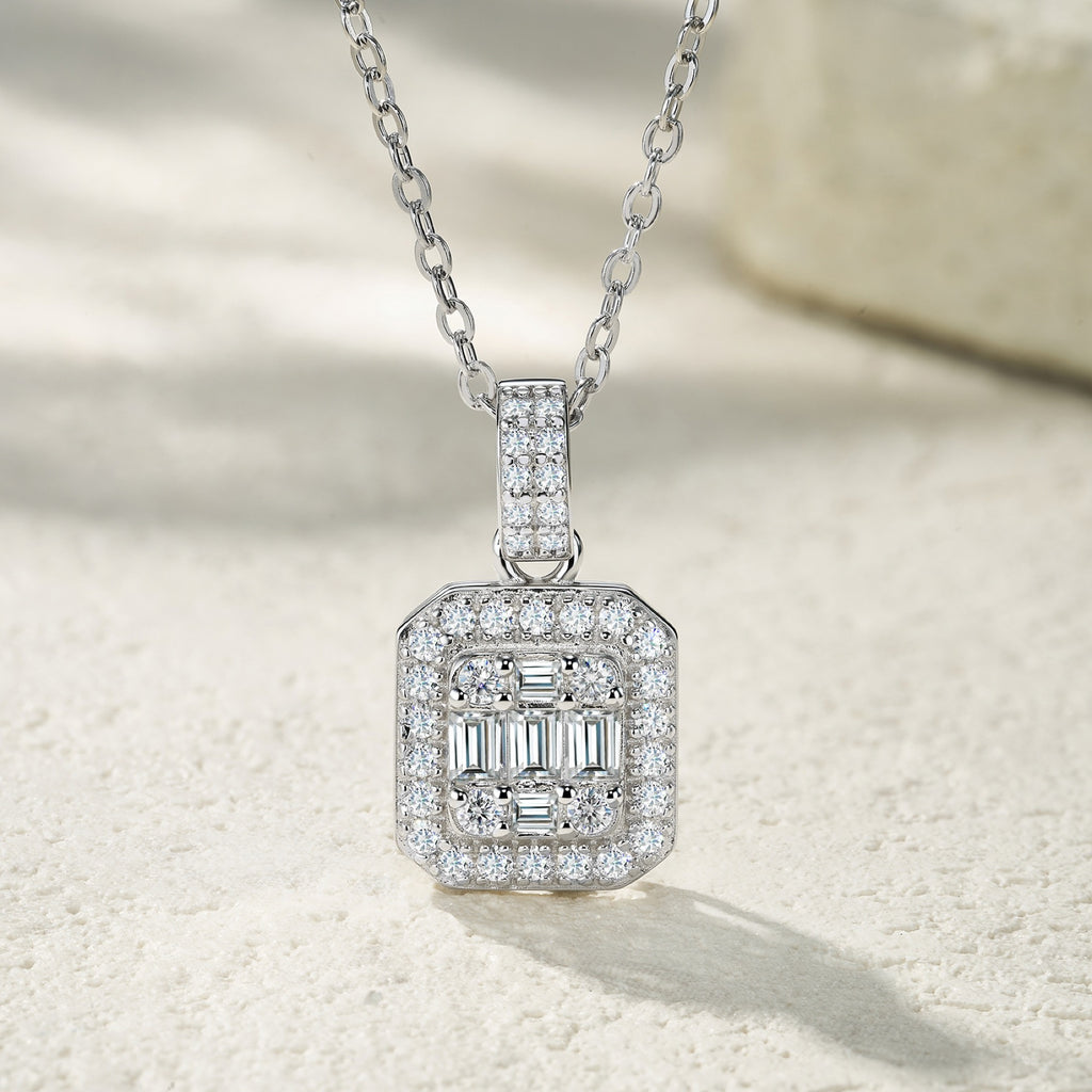 Ingot Moissanite Baguette Cluster Pendant Necklace in Sterling Silver