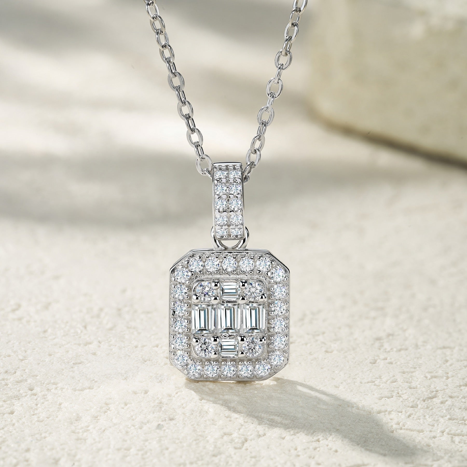 Ingot Moissanite Baguette Cluster Pendant Necklace in Sterling Silver