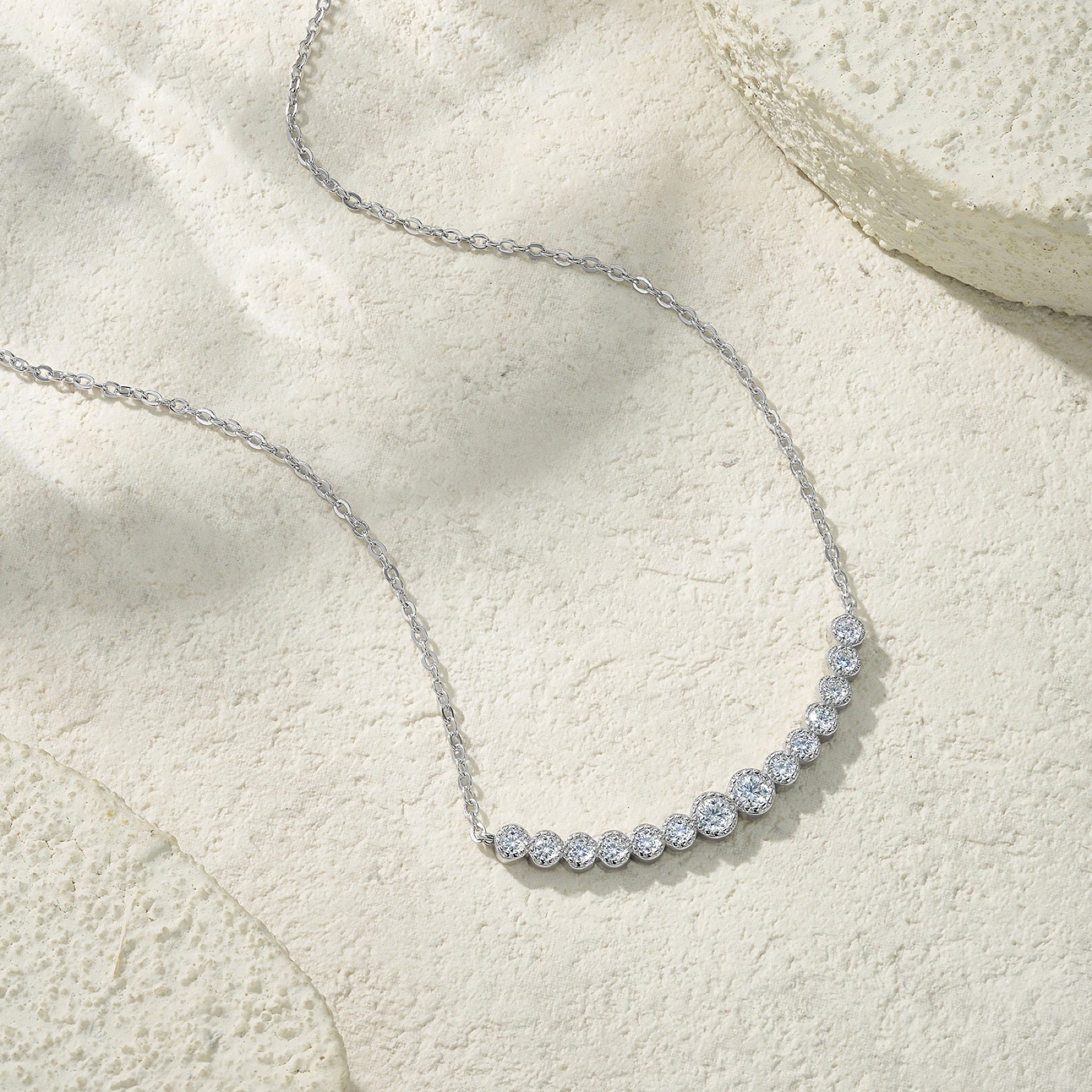 Smile Moissanite Curved Bar Necklace in Sterling Silver