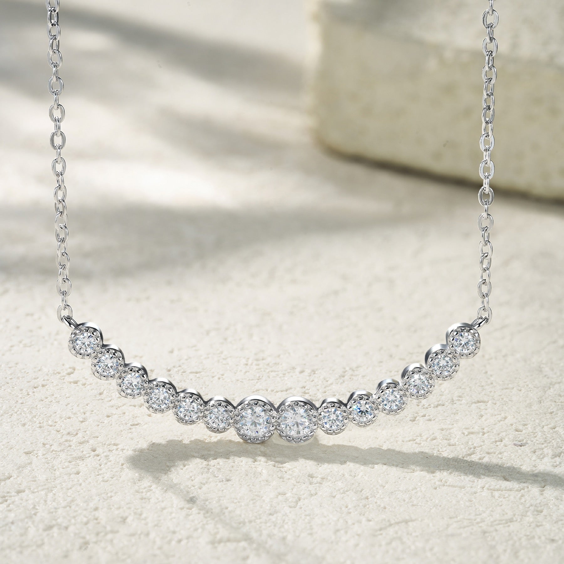Smile Moissanite Curved Bar Necklace in Sterling Silver