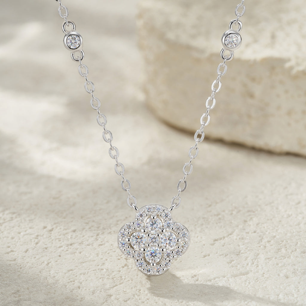 Lucky Moissanite Clover Pendant Necklace in Sterling Silver