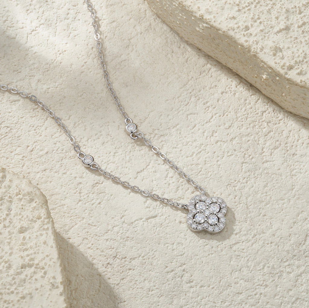 Lucky Moissanite Clover Pendant Necklace in Sterling Silver