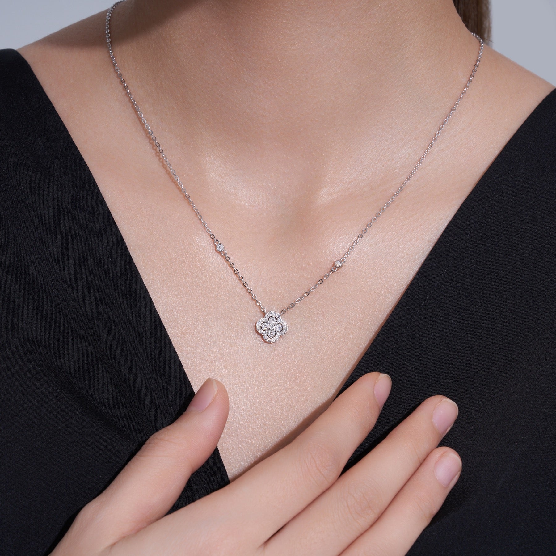 Lucky Moissanite Clover Pendant Necklace in Sterling Silver