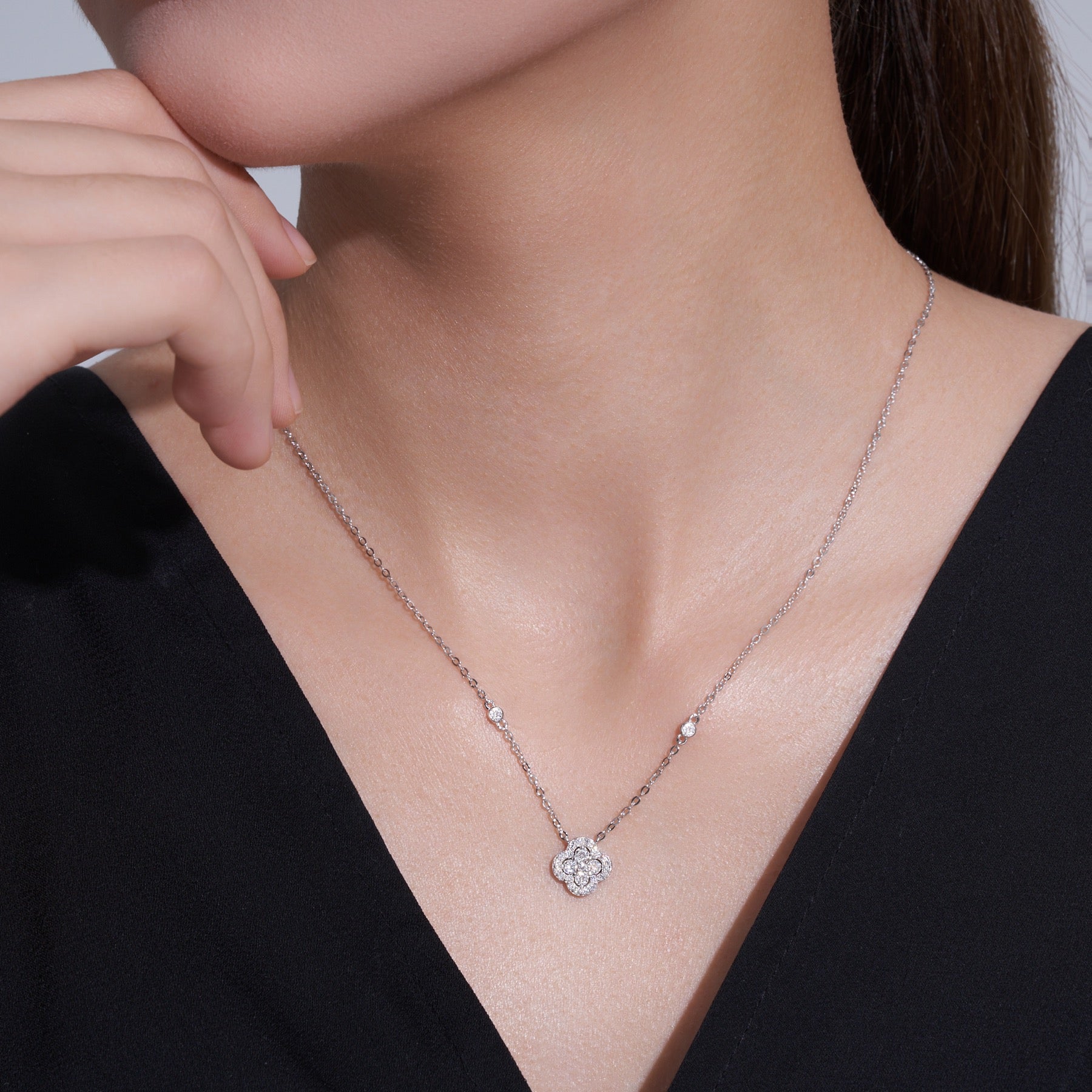 Lucky Moissanite Clover Pendant Necklace in Sterling Silver