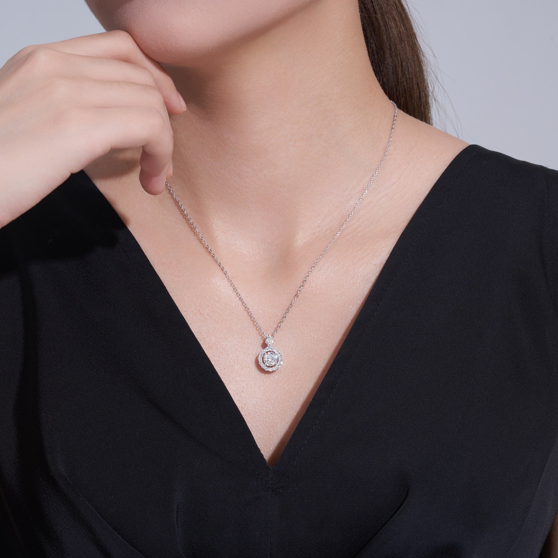 Lumen 1 Carat Moissanite Halo Pendant Necklace in Sterling Silver