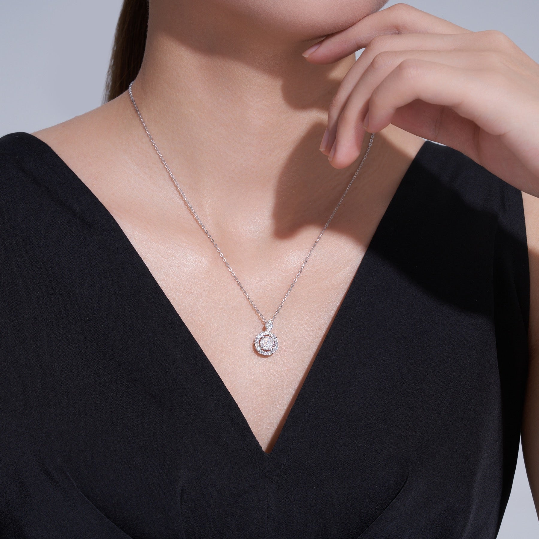 Lumen 1 Carat Moissanite Halo Pendant Necklace in Sterling Silver