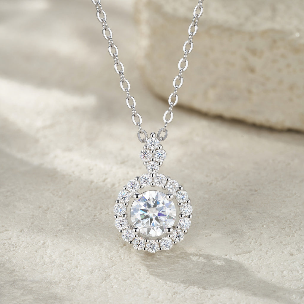 Lumen 1 Carat Moissanite Halo Pendant Necklace in Sterling Silver