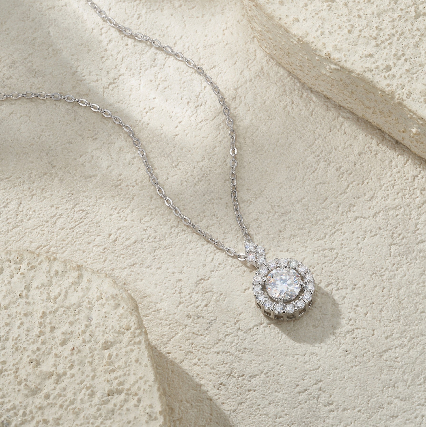 Lumen 1 Carat Moissanite Halo Pendant Necklace in Sterling Silver