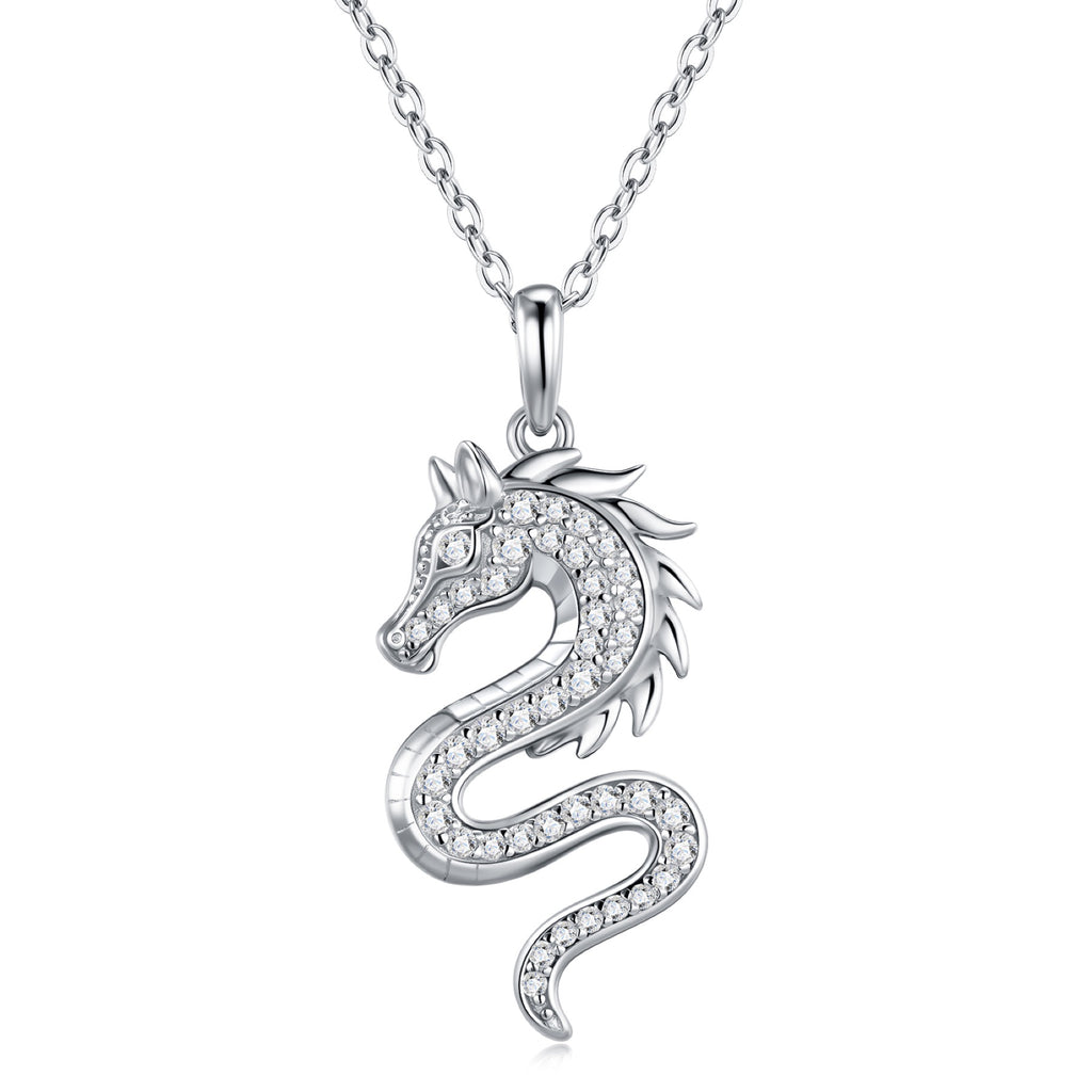 Draco Moissanite Dragon Pendant Necklace in Sterling Silver