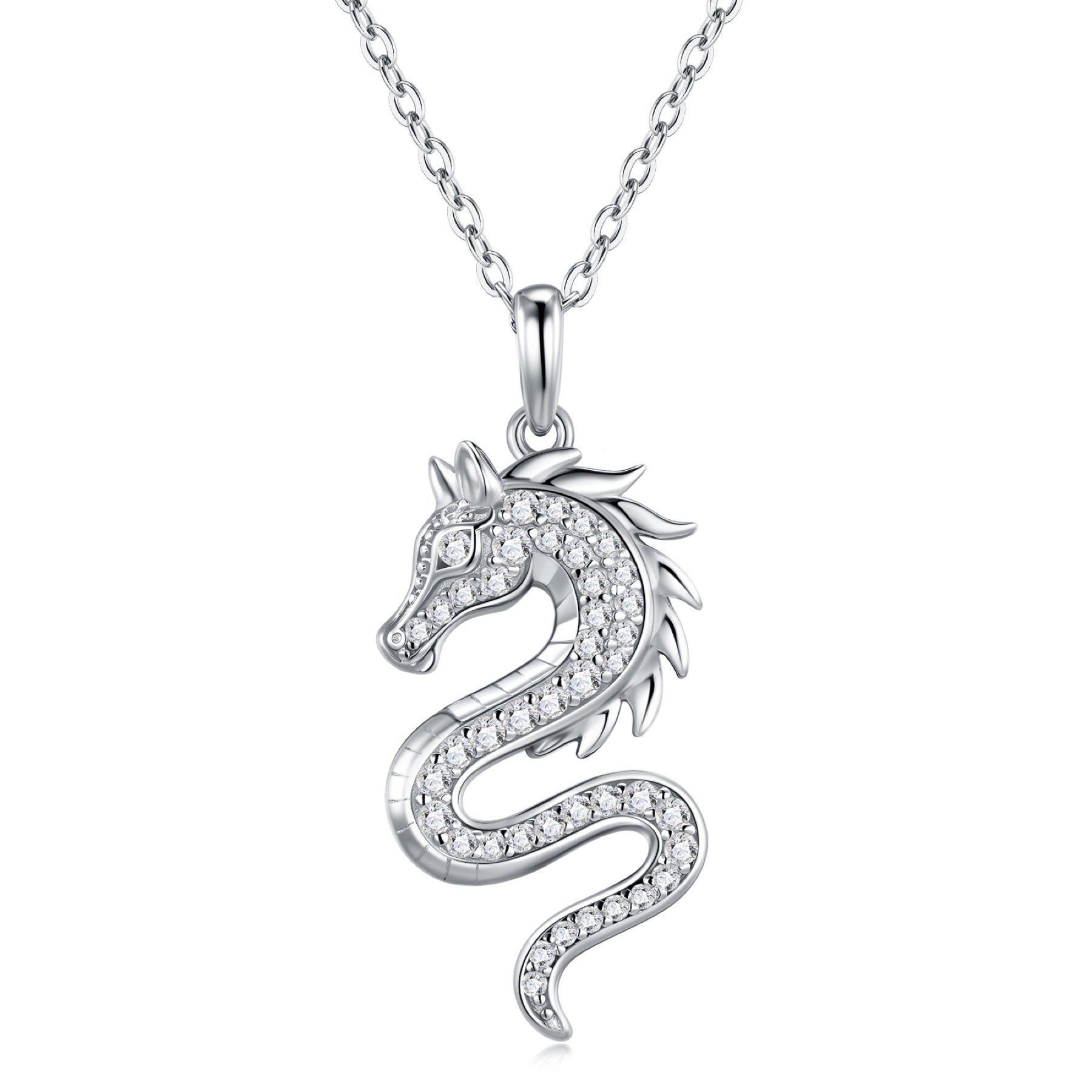 Draco Moissanite Dragon Pendant Necklace in Sterling Silver