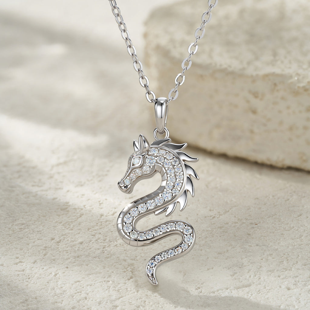 Draco Moissanite Dragon Pendant Necklace in Sterling Silver