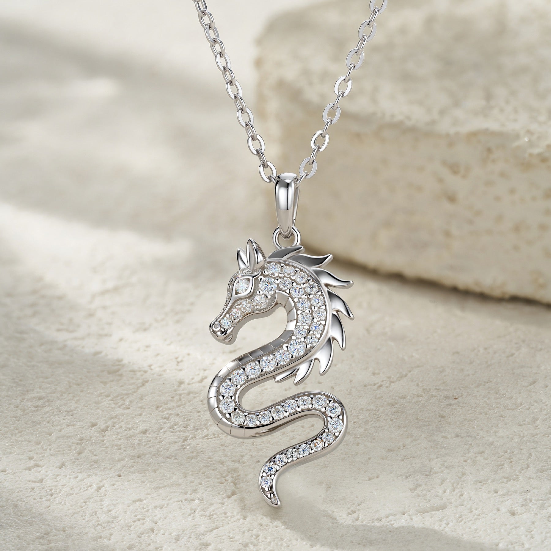 Draco Moissanite Dragon Pendant Necklace in Sterling Silver