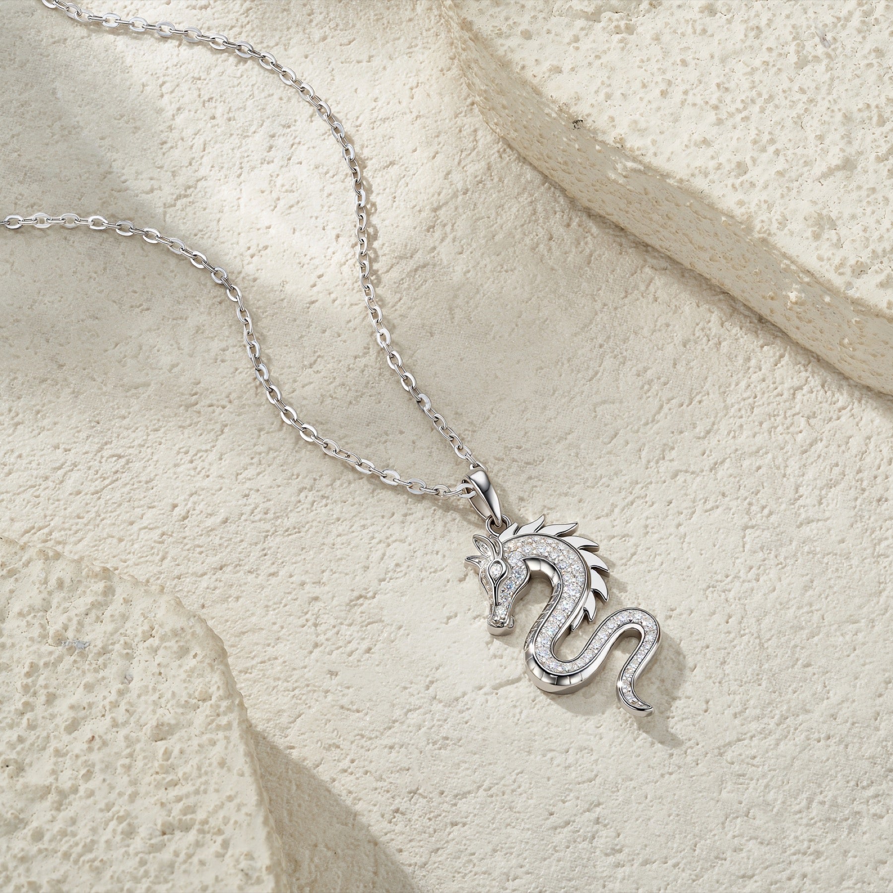 Draco Moissanite Dragon Pendant Necklace in Sterling Silver