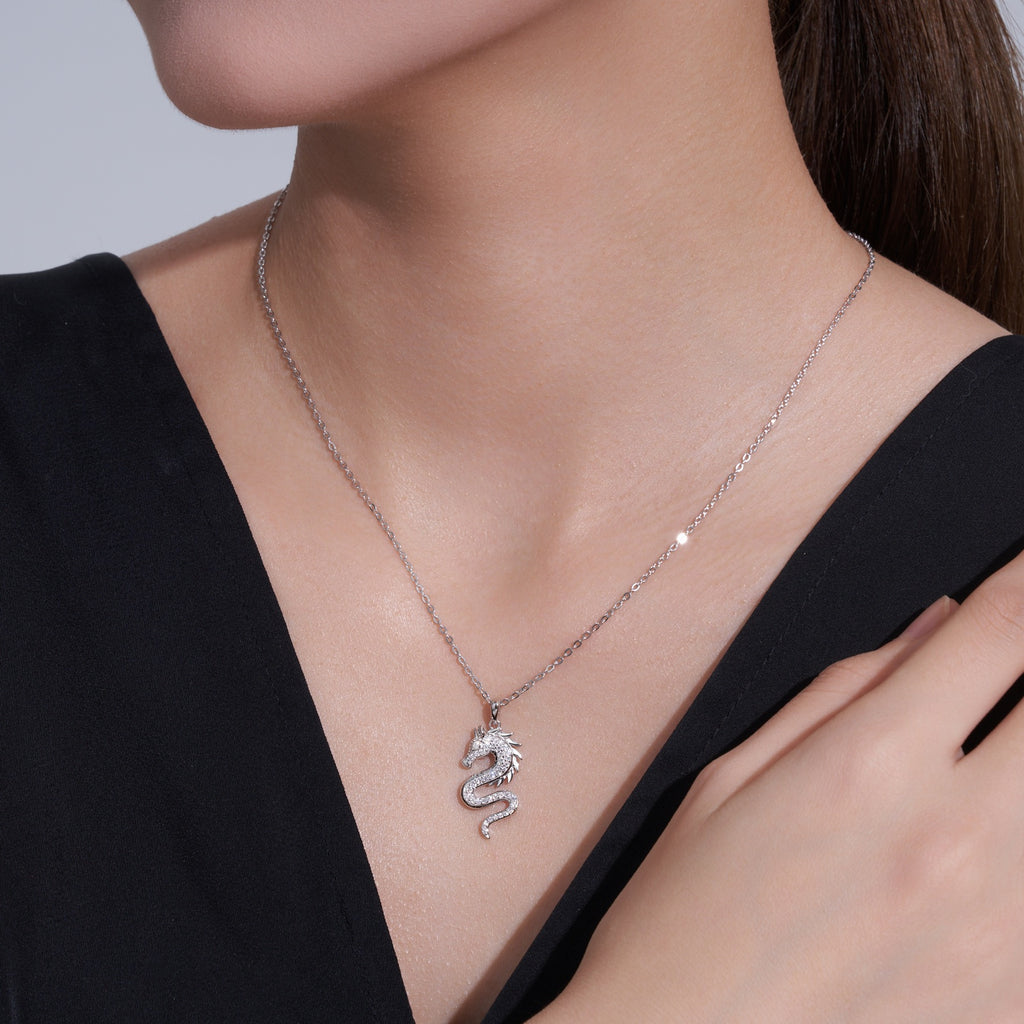 Draco Moissanite Dragon Pendant Necklace in Sterling Silver