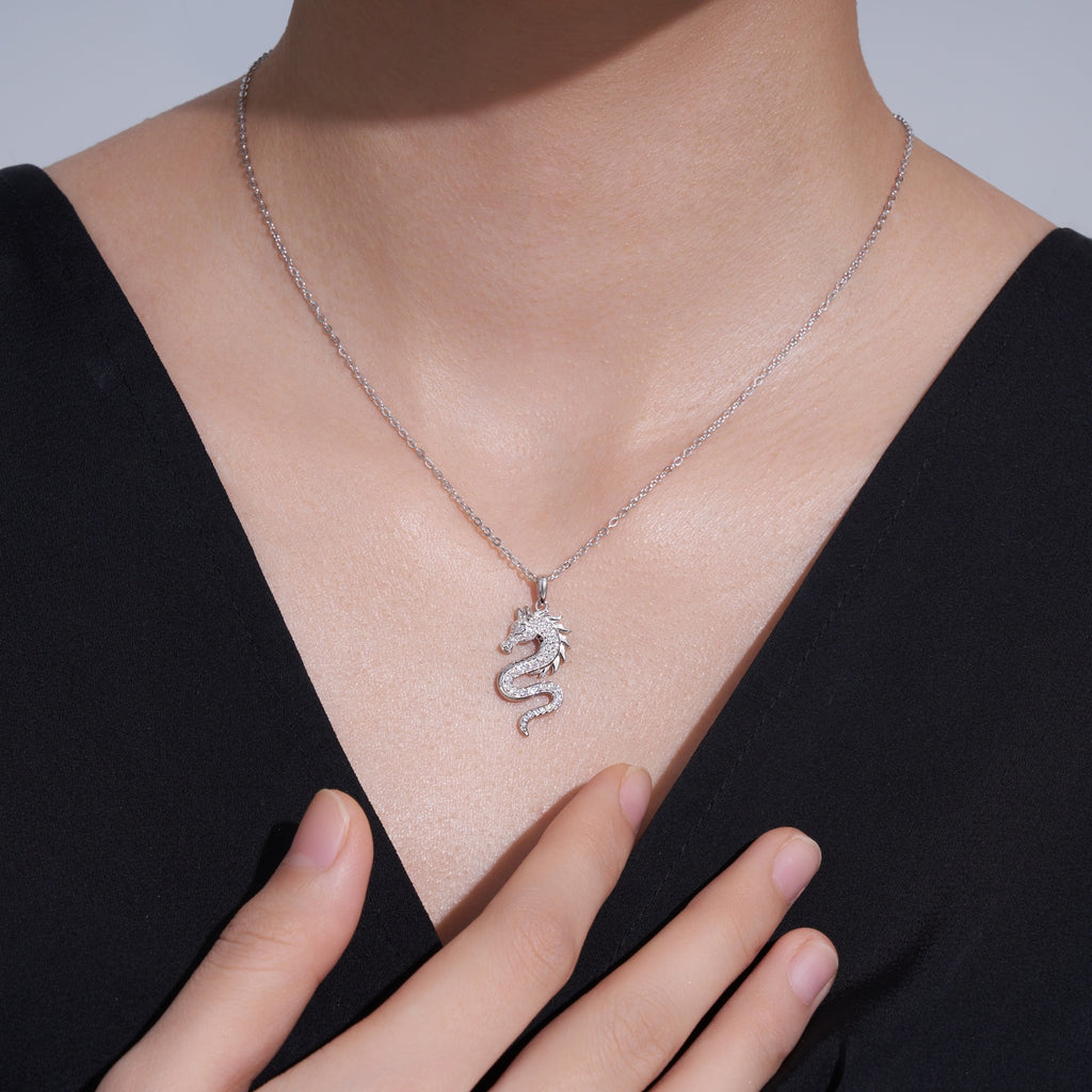 Draco Moissanite Dragon Pendant Necklace in Sterling Silver