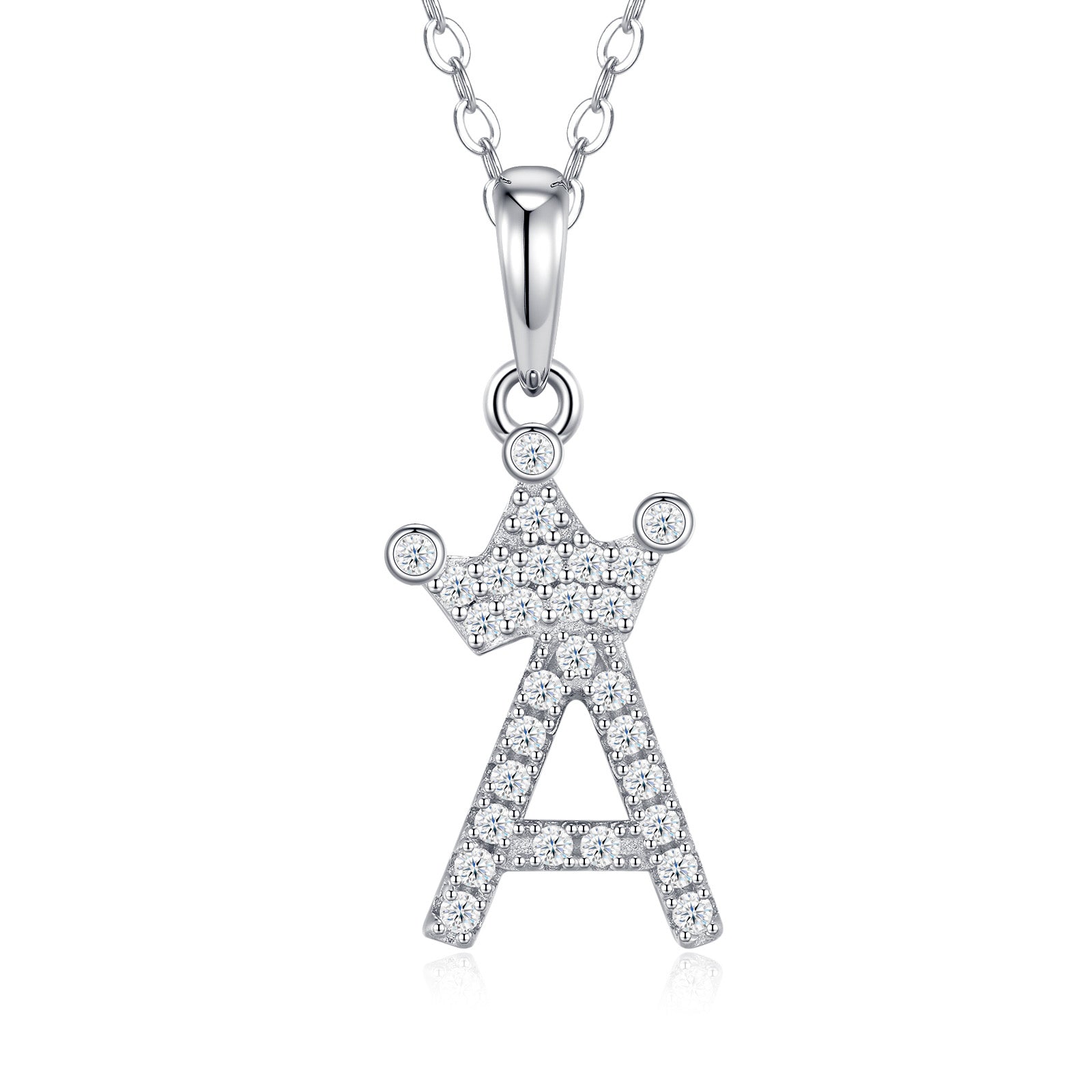 Dainty Initial A Moissanite Crown Pendant Necklace in Sterling Silver