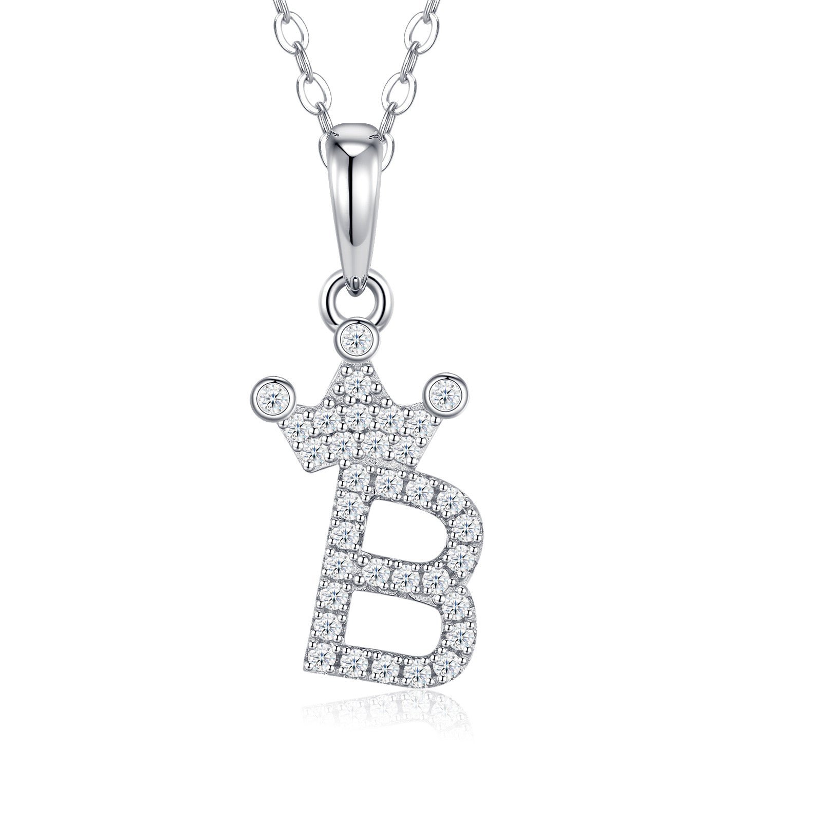Dainty Initial B Moissanite Crown Pendant Necklace in Sterling Silver