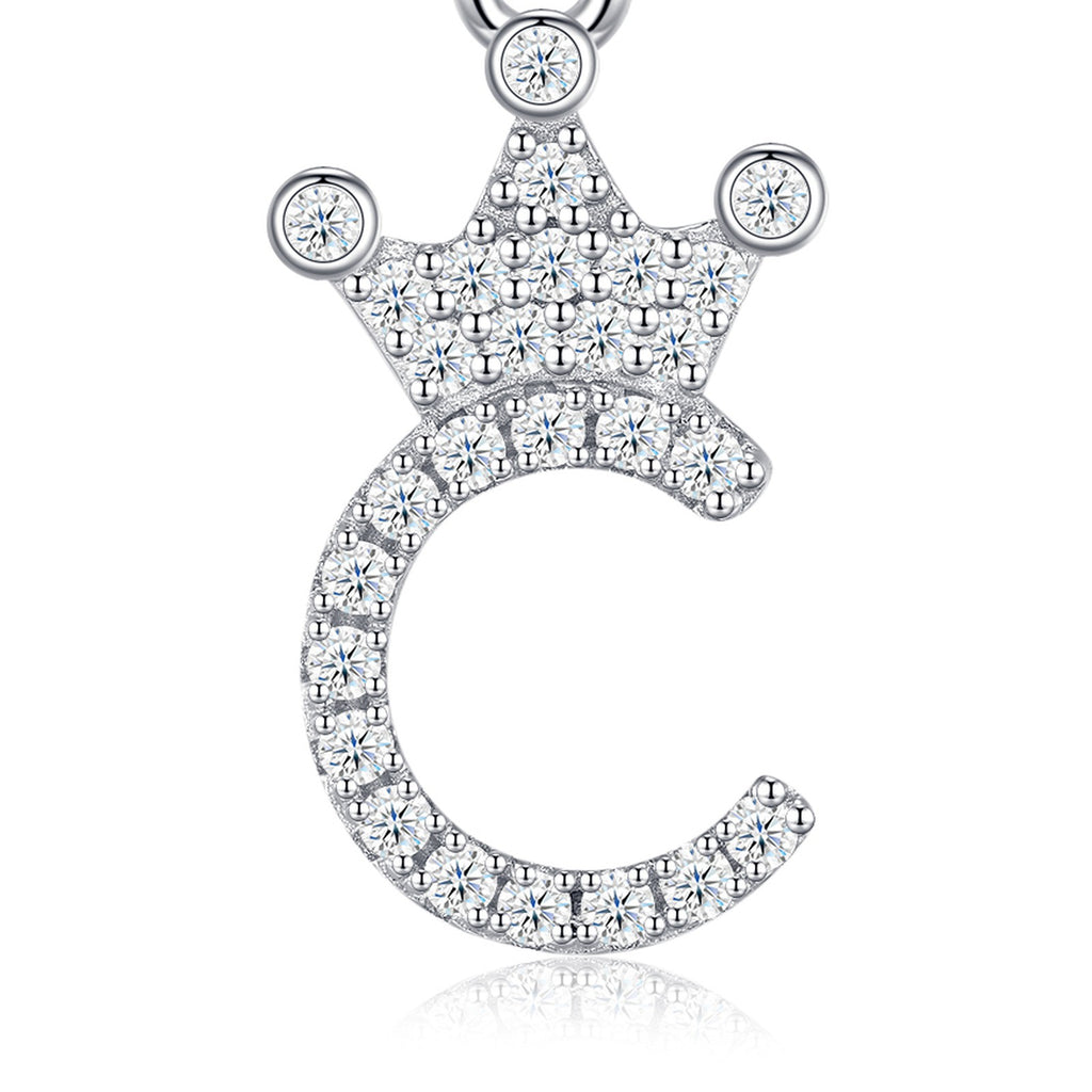 Dainty Initial C Moissanite Crown Pendant Necklace in Sterling Silver — detail