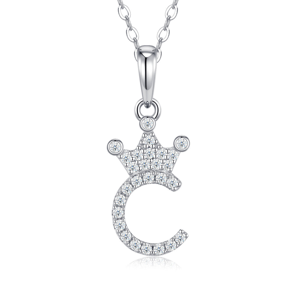 Dainty Initial C Moissanite Crown Pendant Necklace in Sterling Silver