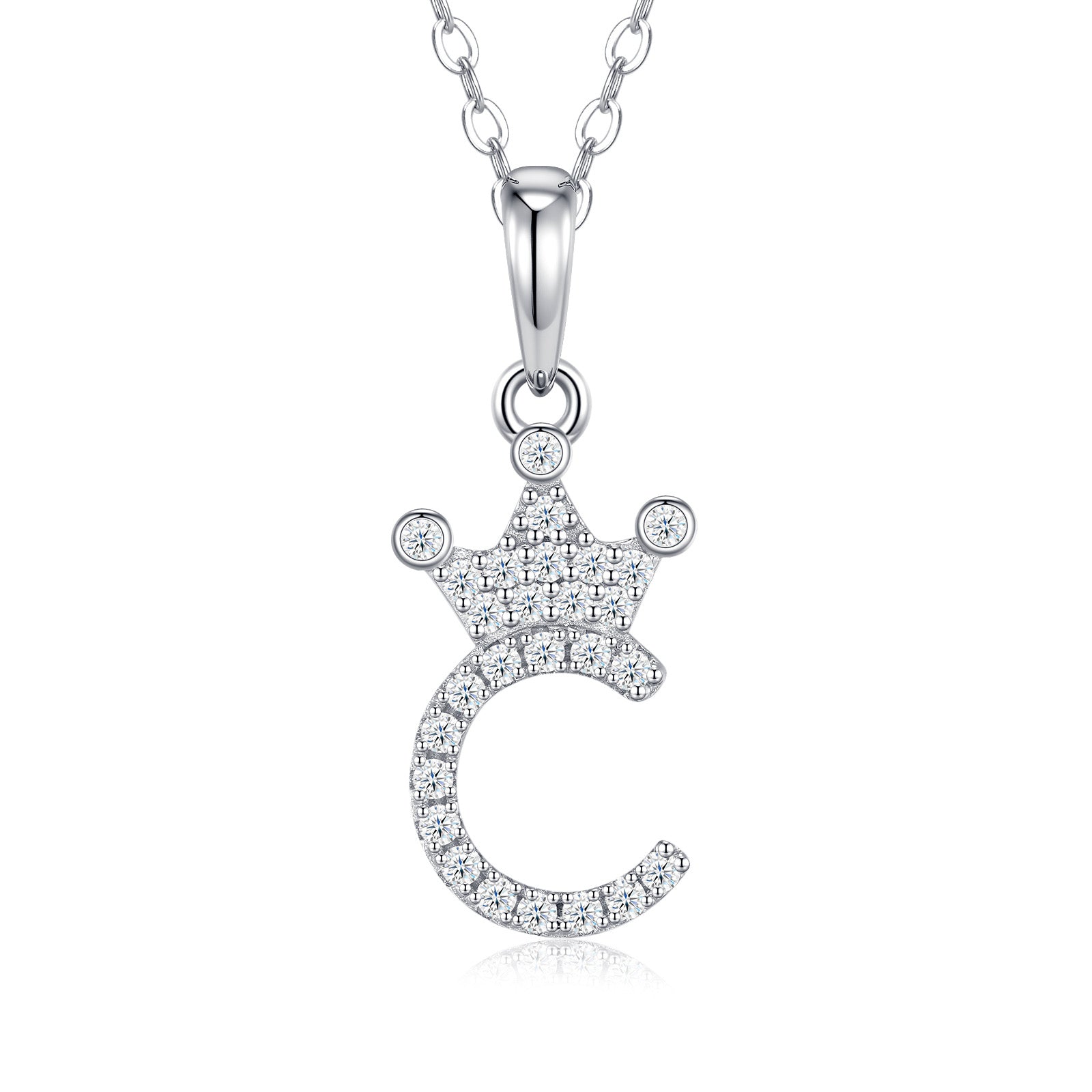 Dainty Initial C Moissanite Crown Pendant Necklace in Sterling Silver