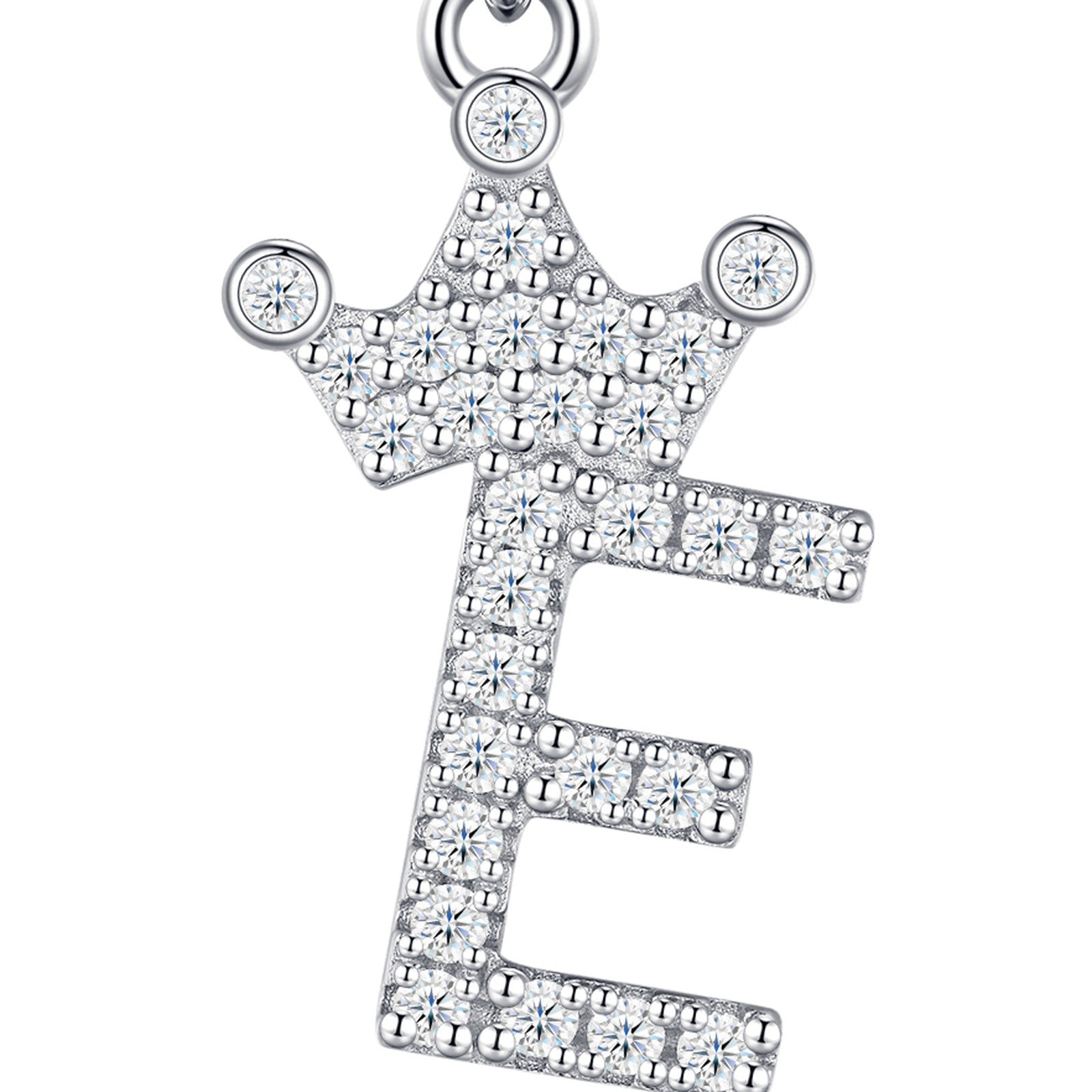 Dainty Initial E Moissanite Crown Pendant Necklace in Sterling Silver — detail