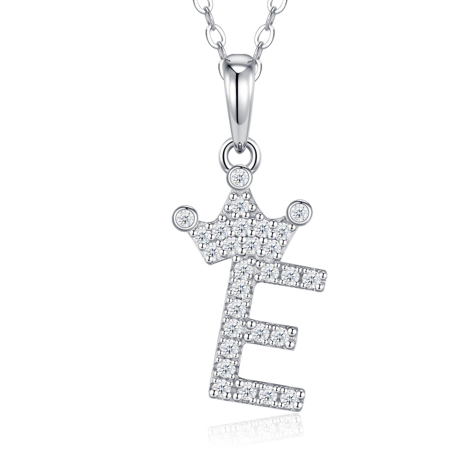 Dainty Initial E Moissanite Crown Pendant Necklace in Sterling Silver
