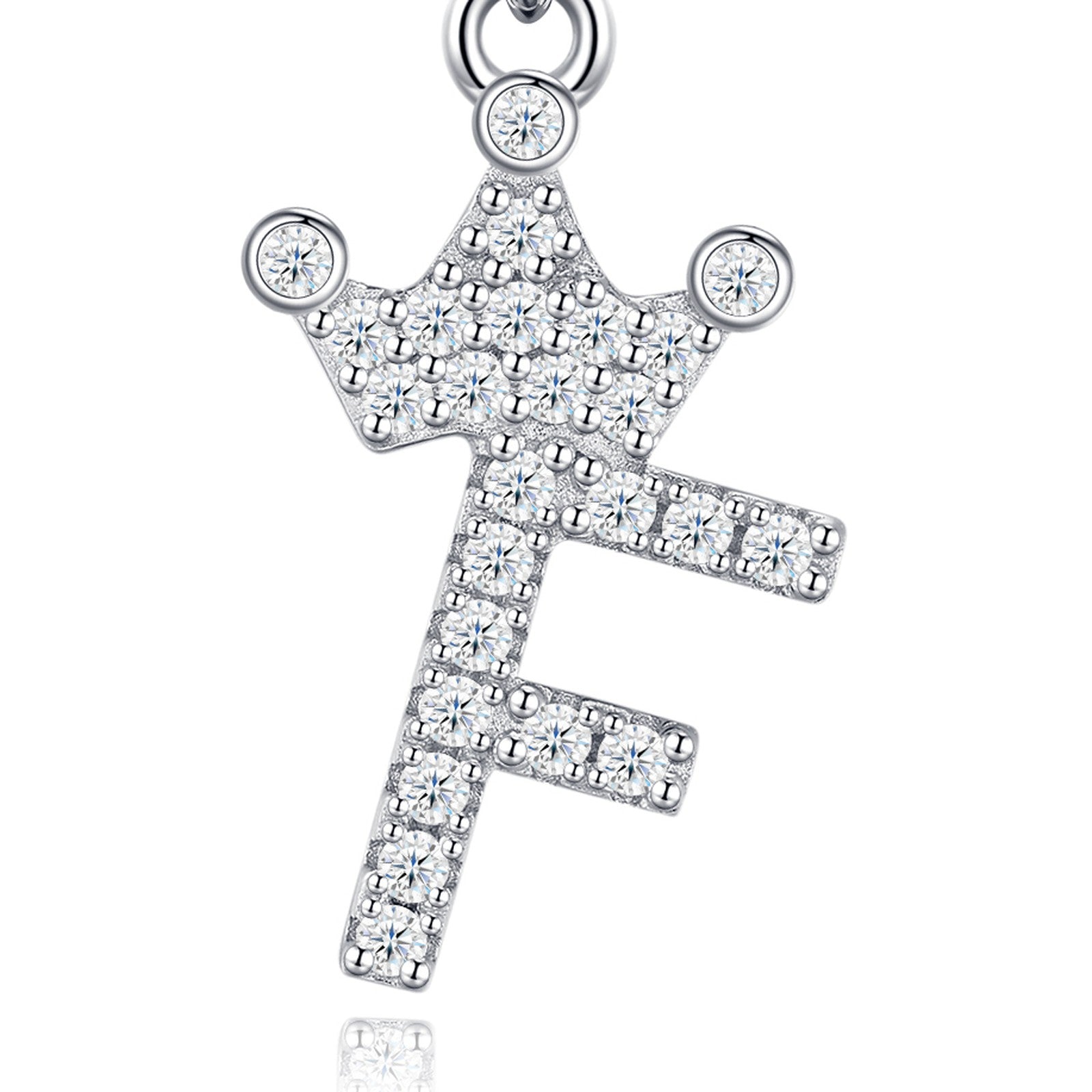 Dainty Initial F Moissanite Crown Pendant Necklace in Sterling Silver — detail