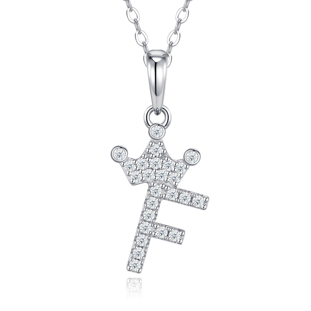 Dainty Initial F Moissanite Crown Pendant Necklace in Sterling Silver